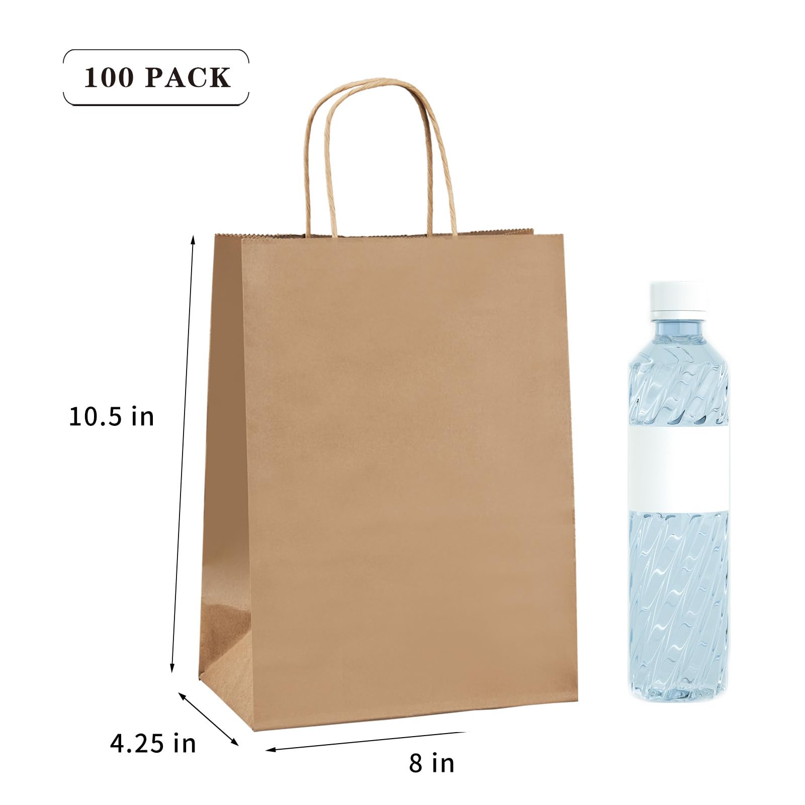 Vanhel 100 Pack Brown Kraft Paper Bags with Handles - 8x4.25x10.5 Inches Bulk Gift Bags for Parties, Birthdays, Retail & Favor Packaging | Eco-Friendly Shopping Bags for Weddings, Christmas, Store Merchandise & Gift Giving
