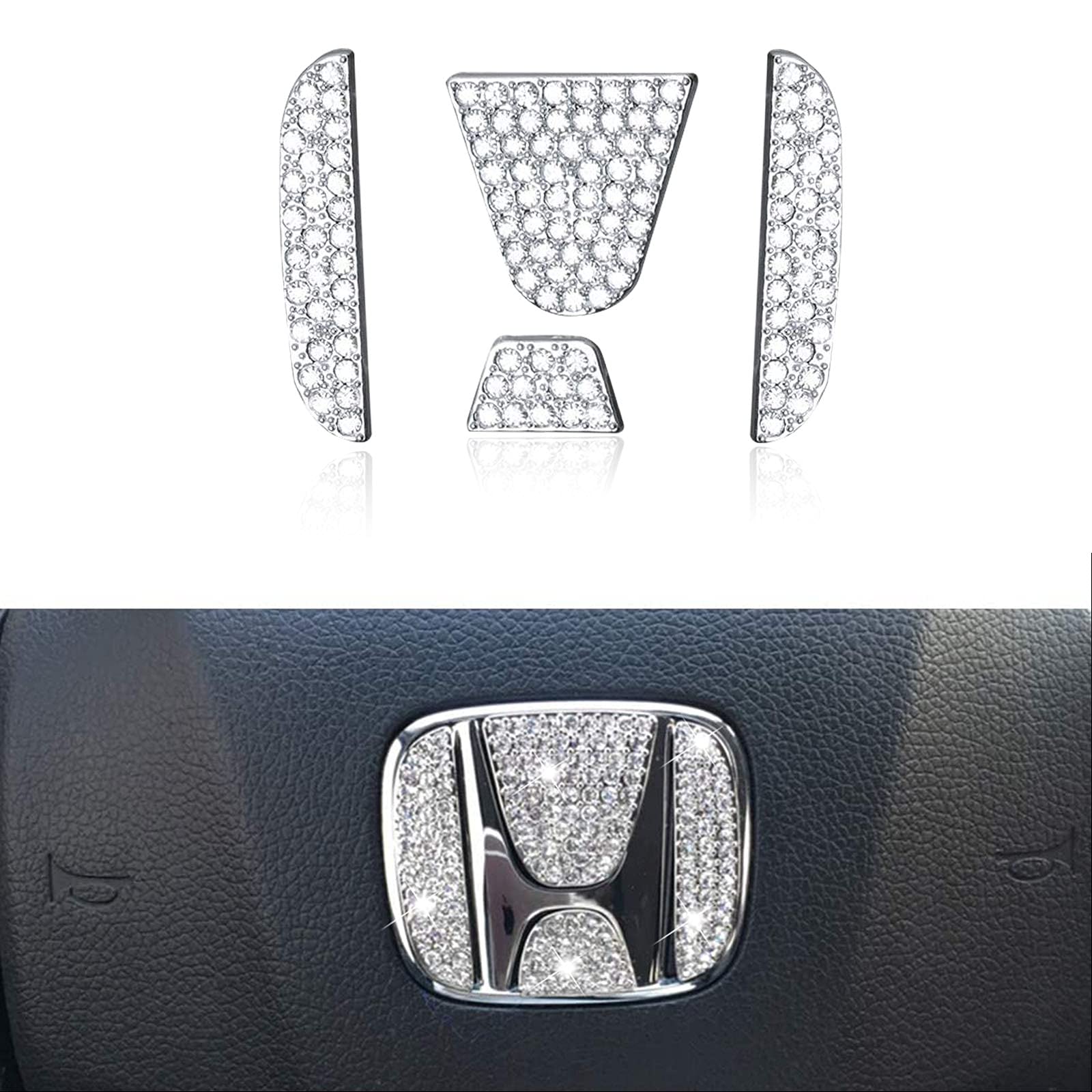 Bling Steering Wheel Logo Decorative Stickers - 4PCS Zinc Alloy Crystal Silver Emblem Decals Compatible with Honda Accord, City, Pilot, CR-V, Odyssey, Crosstour, Vezel (2013-2021 Models) - Premium Interior Car Accessories for Personalization & Luxury Upgrade