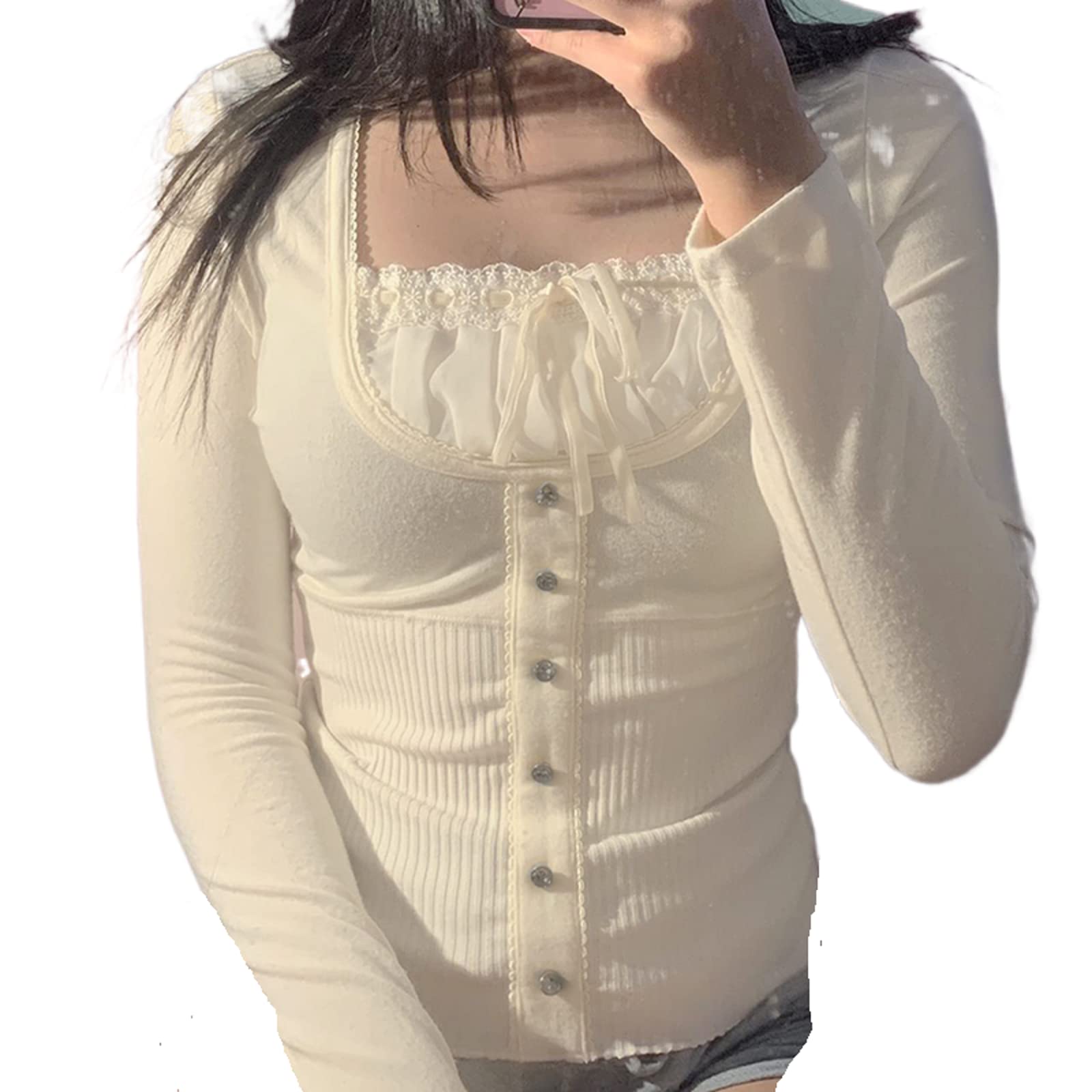 Y2K Sweet Crop Top Lace Bow Pullover - Vintage Square Collar Tee for Women | Casual Wear & Street Style