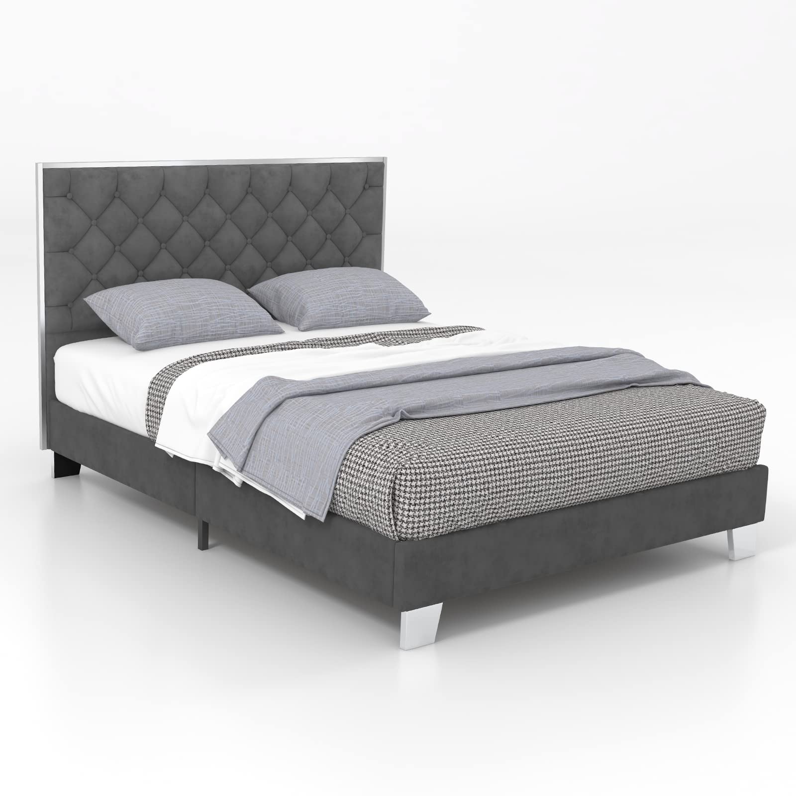 Giantex Full Size Upholstered Platform Bed Frame with Button Tufted Velvet Headboard - Modern Bed Frame with Solid Slats Support, No Box Spring Needed, Easy Assembly in Grey - Perfect for Master Bedrooms, Guest Rooms & Small Apartments