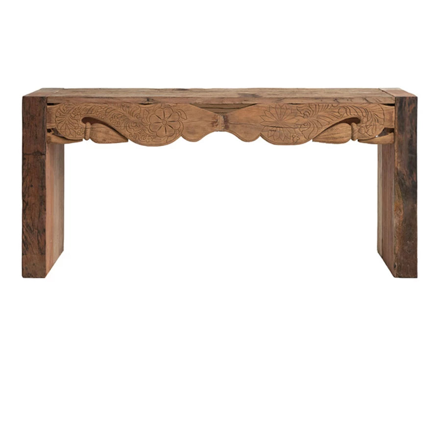 Hand Carved Solid Wood Console Table - Rustic Entryway Sofa Table with Storage Shelf for Hallway, Living Room & Bedroom Decor