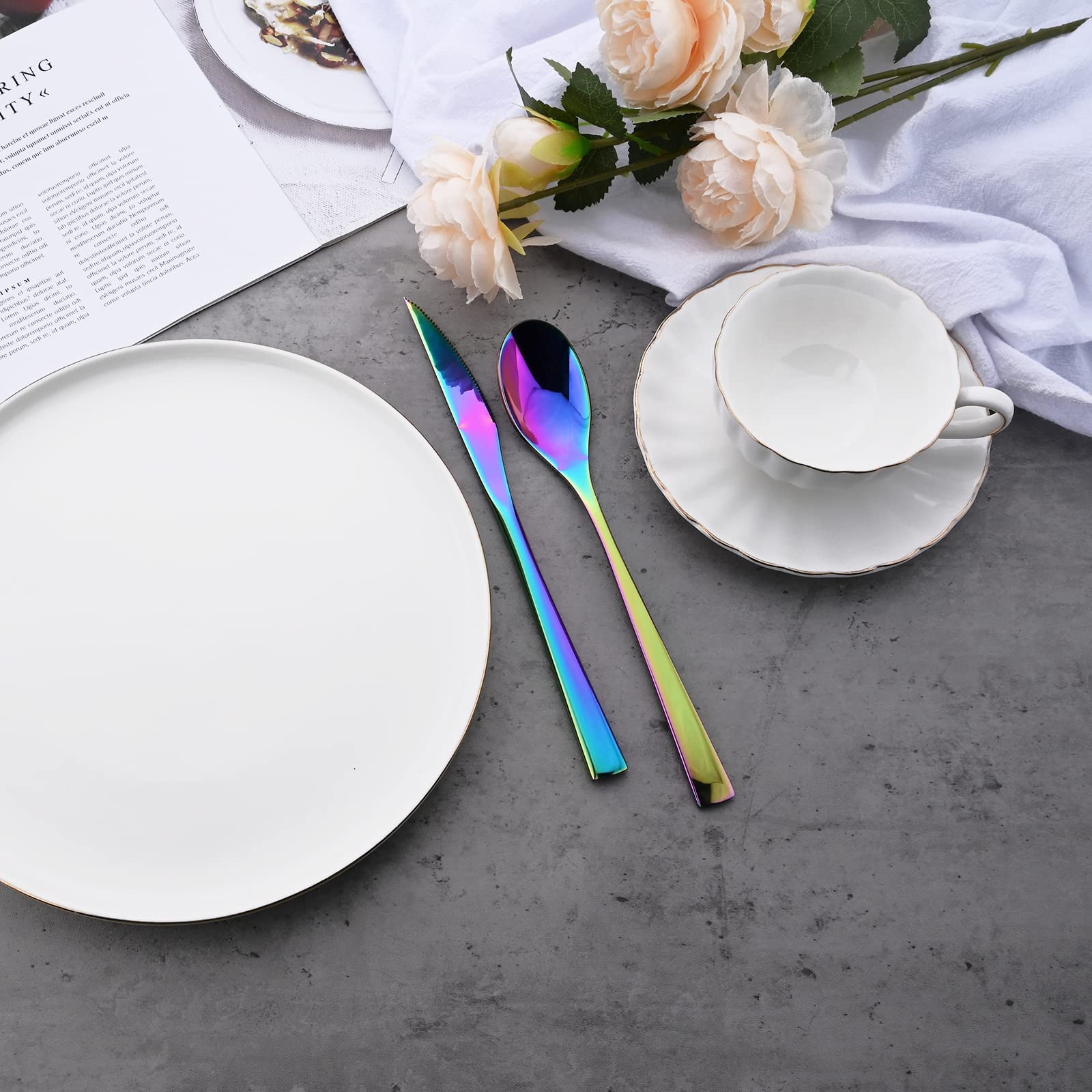 36-Piece Stainless Steel Flatware Set with Steak Knives - Rainbow Silverware Cutlery for 6 People - Mirror Polished, Dishwasher Safe - Perfect for Home, Hotel, Restaurant & Dinner Parties (Multicolor)