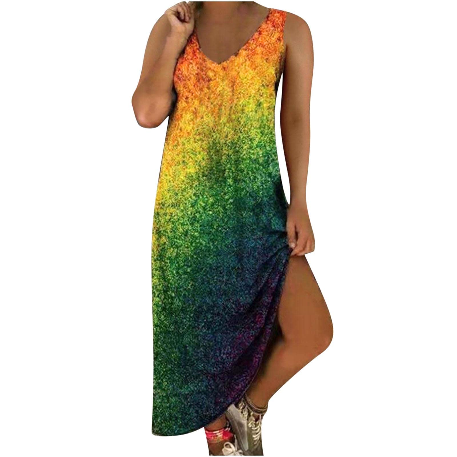 Vintage Summer Dresses for Women - Floral Print V-Neck Sleeveless Maxi Sundress, Casual Beach Dress for Outdoor Parties, Vacations & Summer Weddings