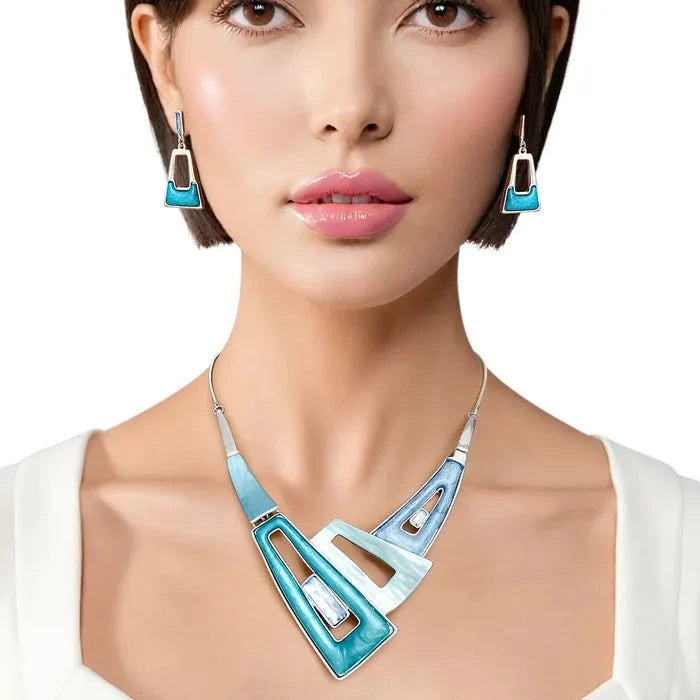 Stylish Blue Geometric Snake Chain Necklace Set for Women | Trendy Layered Collar Necklace | Perfect for Casual Wear, Date Night & Gift Giving