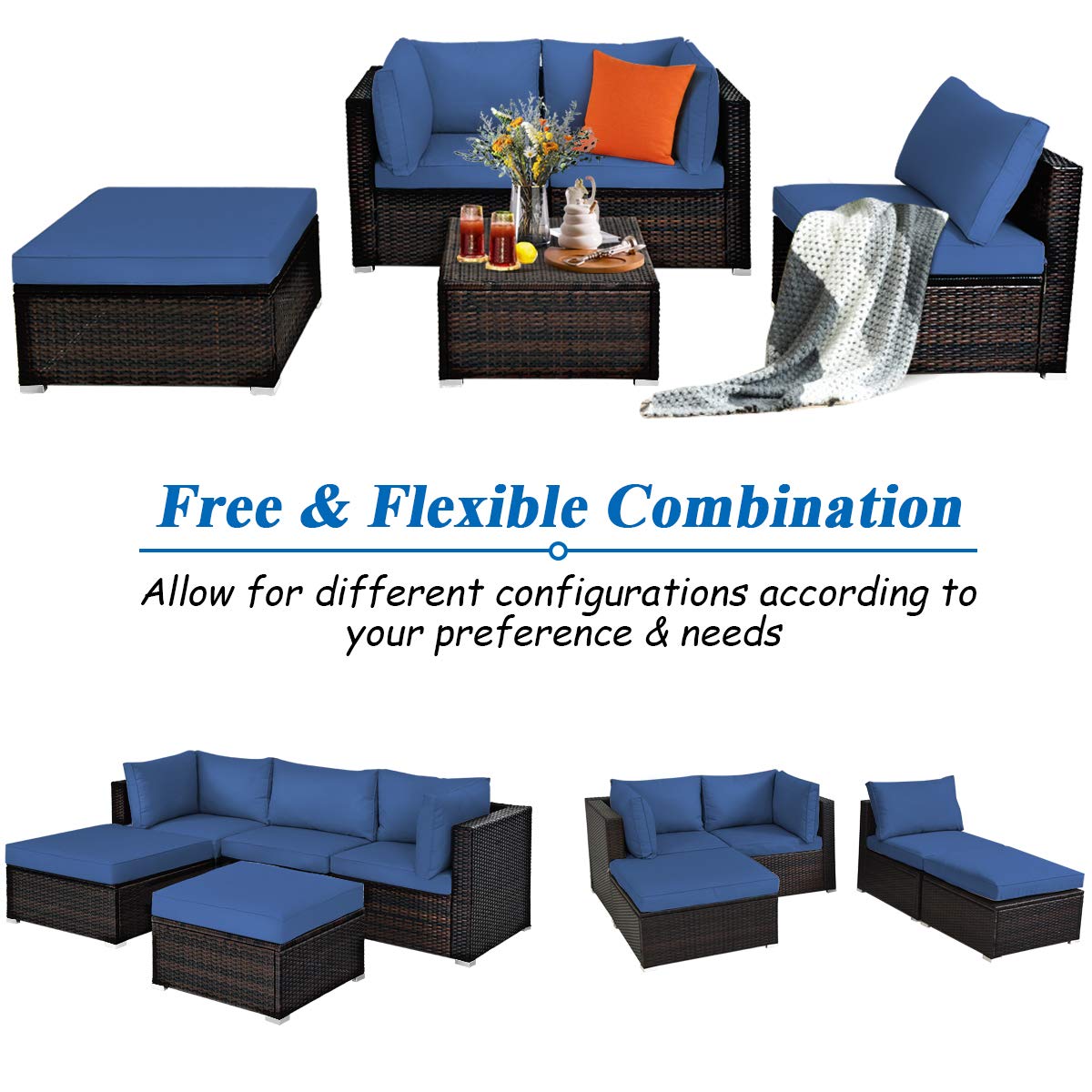 Tangkula 5-Piece Outdoor Patio Furniture Set - Wicker Rattan Sectional Sofa with Cushions & Coffee Table - Navy Blue Conversation Set for Backyard, Porch, Garden, Poolside & Deck - Perfect for Relaxing & Entertaining Outdoors