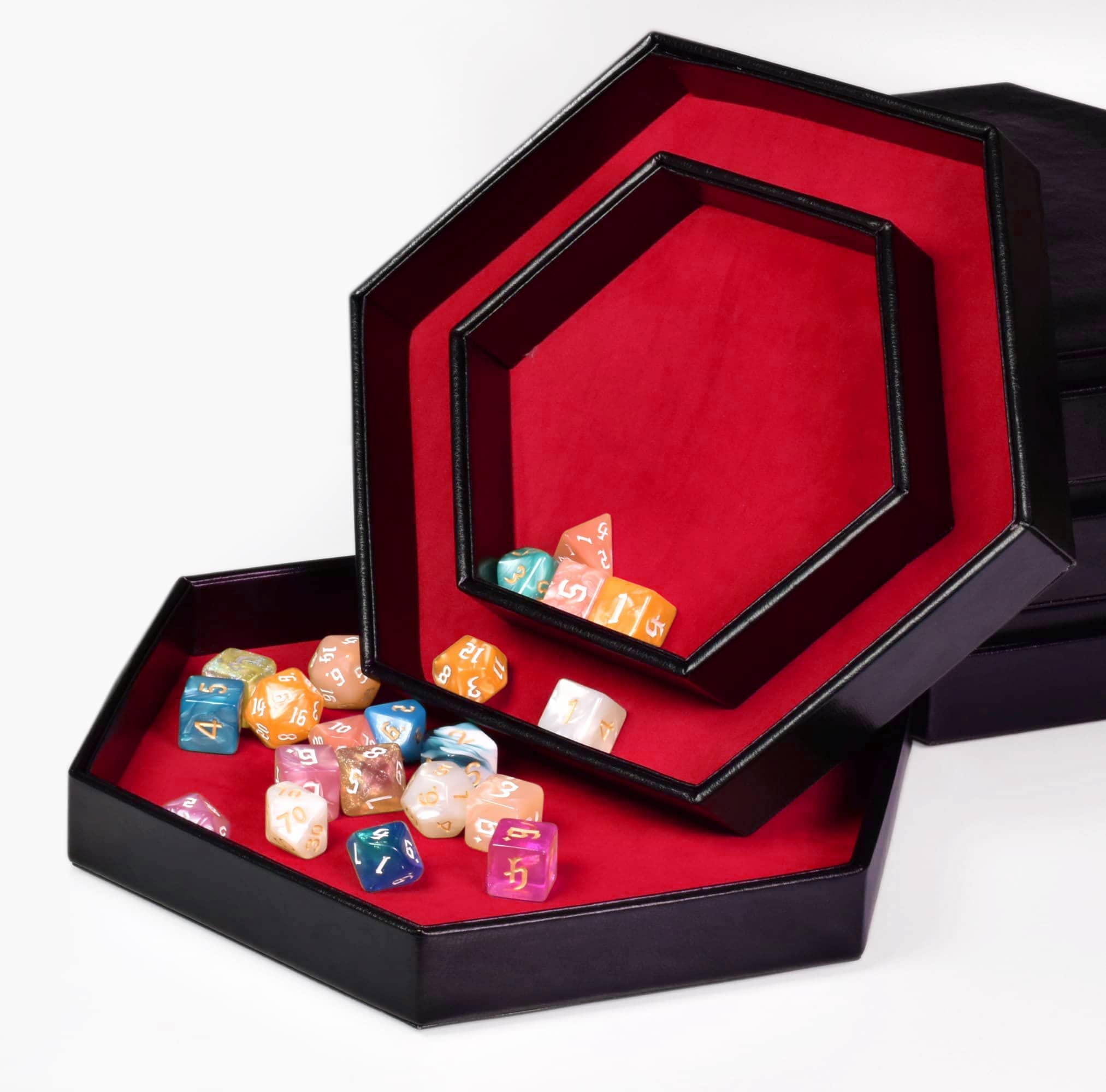 Premium Hexagonal D&D Dice Tray - 2-in-1 Rolling & Storage Tray with Faux Leather, Red Color for Dungeons & Dragons, Magic: The Gathering, RPG Games - Perfect for Tabletop Gaming Sessions & Dice Organization
