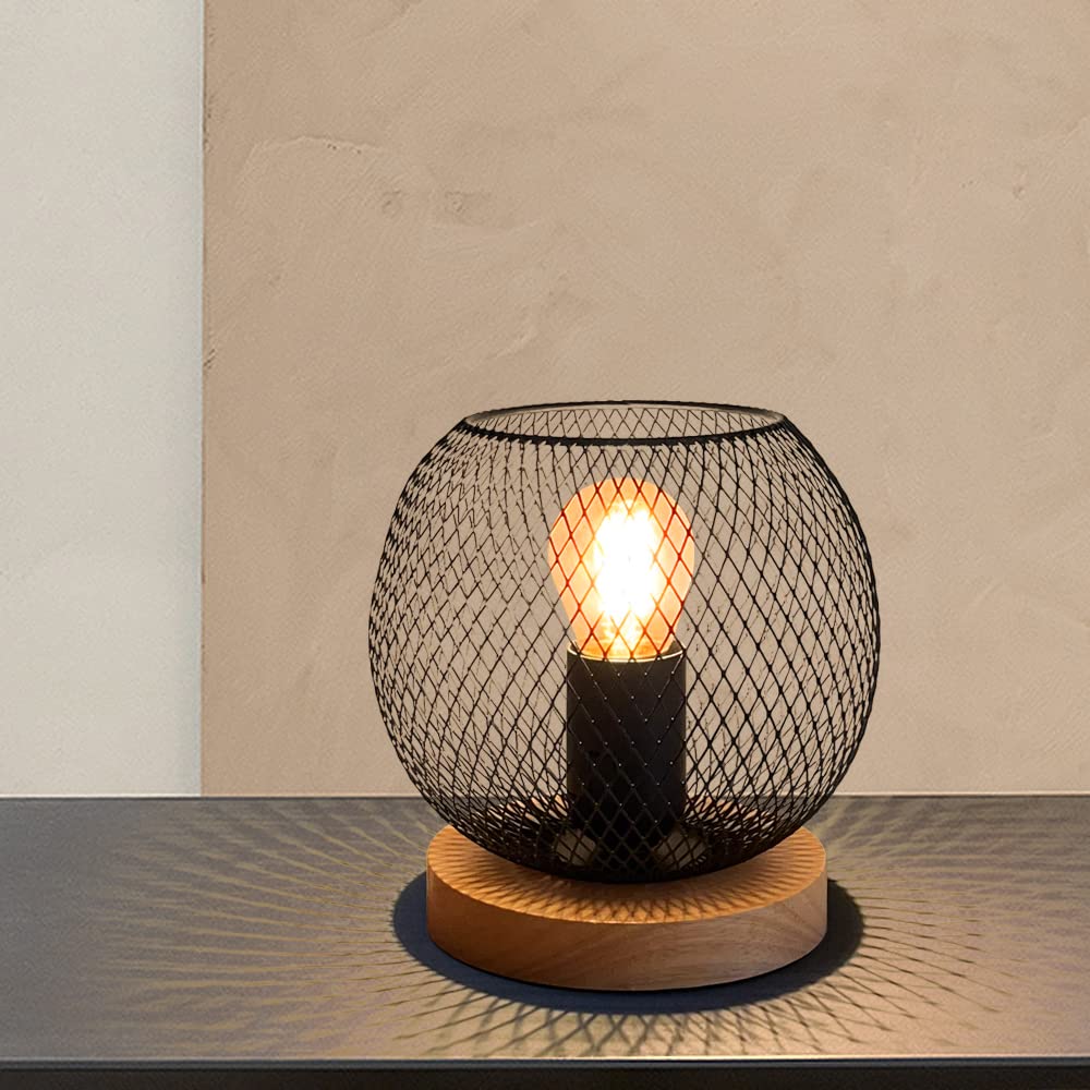 Modern Black Circle Metal Cage Bedside Lamp with E27 Edison Bulb - Stylish Table Lamp for Bedroom, Living Room, Study & Office - Perfect for Reading, Decor & Christmas Gifts (16cm)