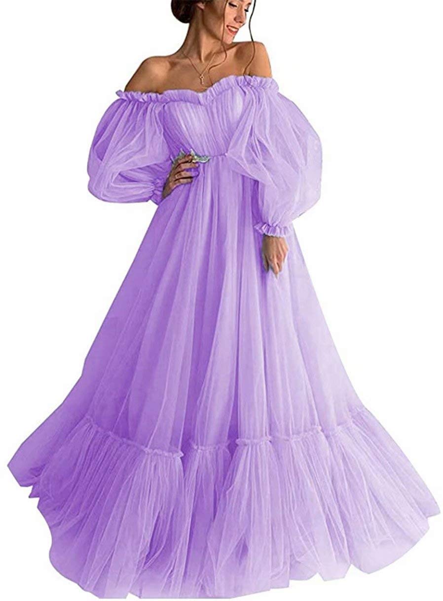 Vintage Off Shoulder Long Puffy Sleeves Ruffle Tulle Princess Prom Quinceanera Dresses for Women - Elegant Formal Gowns for Weddings, Parties & Special Occasions