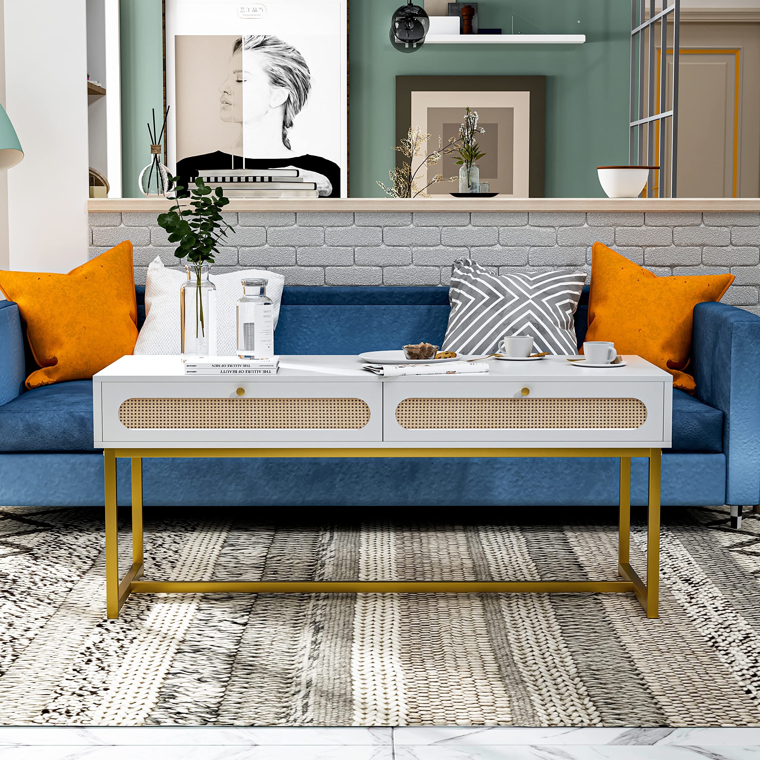 Modern White Coffee Table with 2 Rattan Drawers - 42