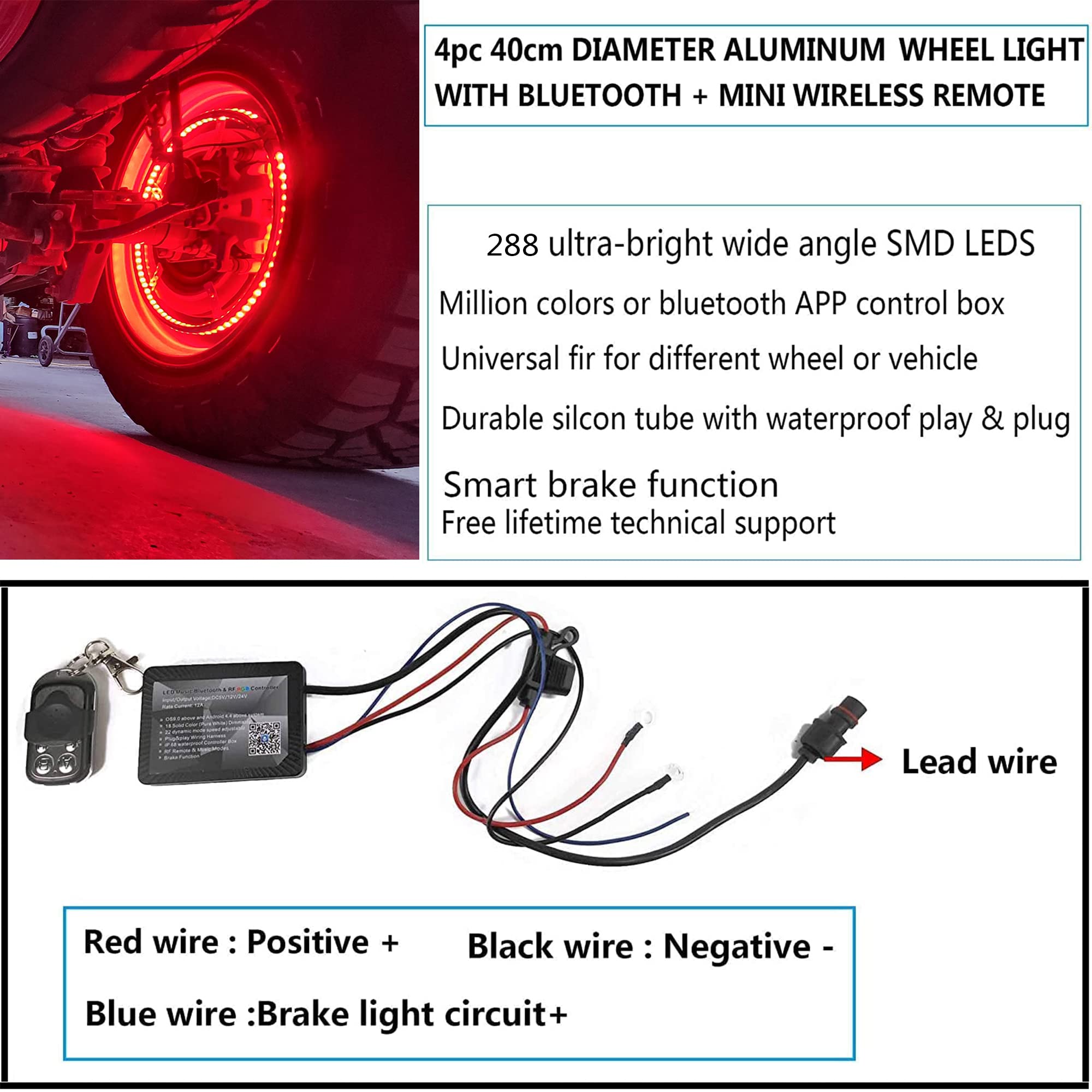 4Pcs 15.5in RGBW Wheel Ring Lights with Braking Function - IP68 Waterproof LED Rim Lights for Trucks, Cars, Pickups & SUVs - APP & RF Remote Control - Perfect for Off-Roading, Car Shows & Night Driving