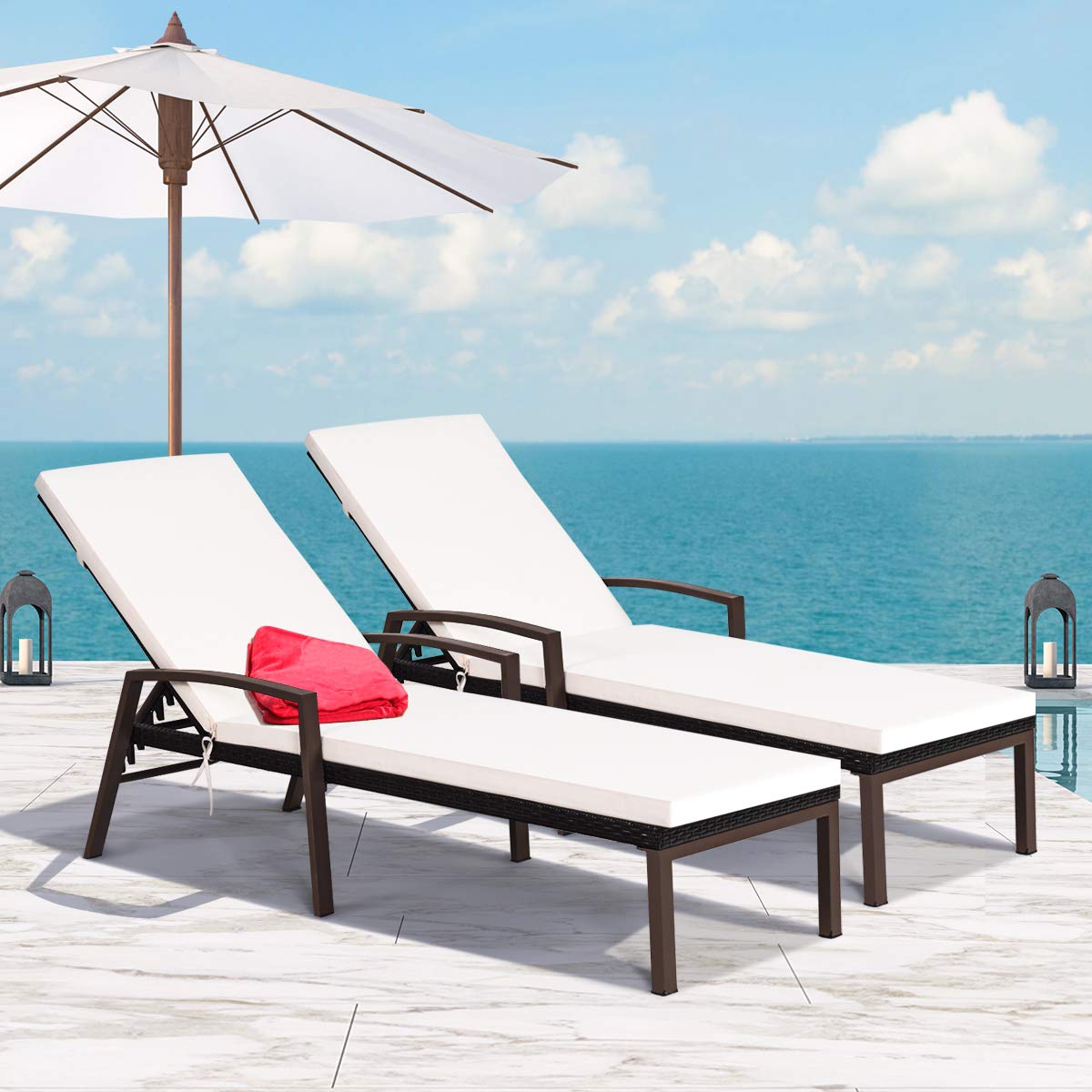 Tangkula 2-Piece Outdoor Patio Furniture Set - Adjustable Rattan Wicker Lounge Chairs with Armrests & Removable Cushions for Poolside, Garden, or Backyard Relaxation