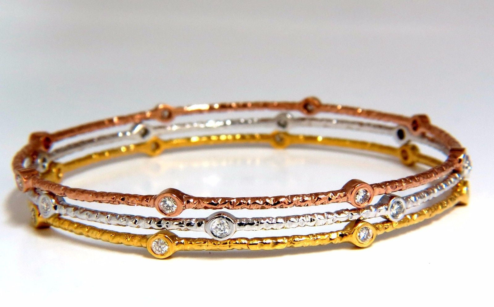 0.96CT Round Diamond Stacking Bangle Bracelet 14K Gold Hammered Rustic Finish - Perfect for Layering & Everyday Elegance