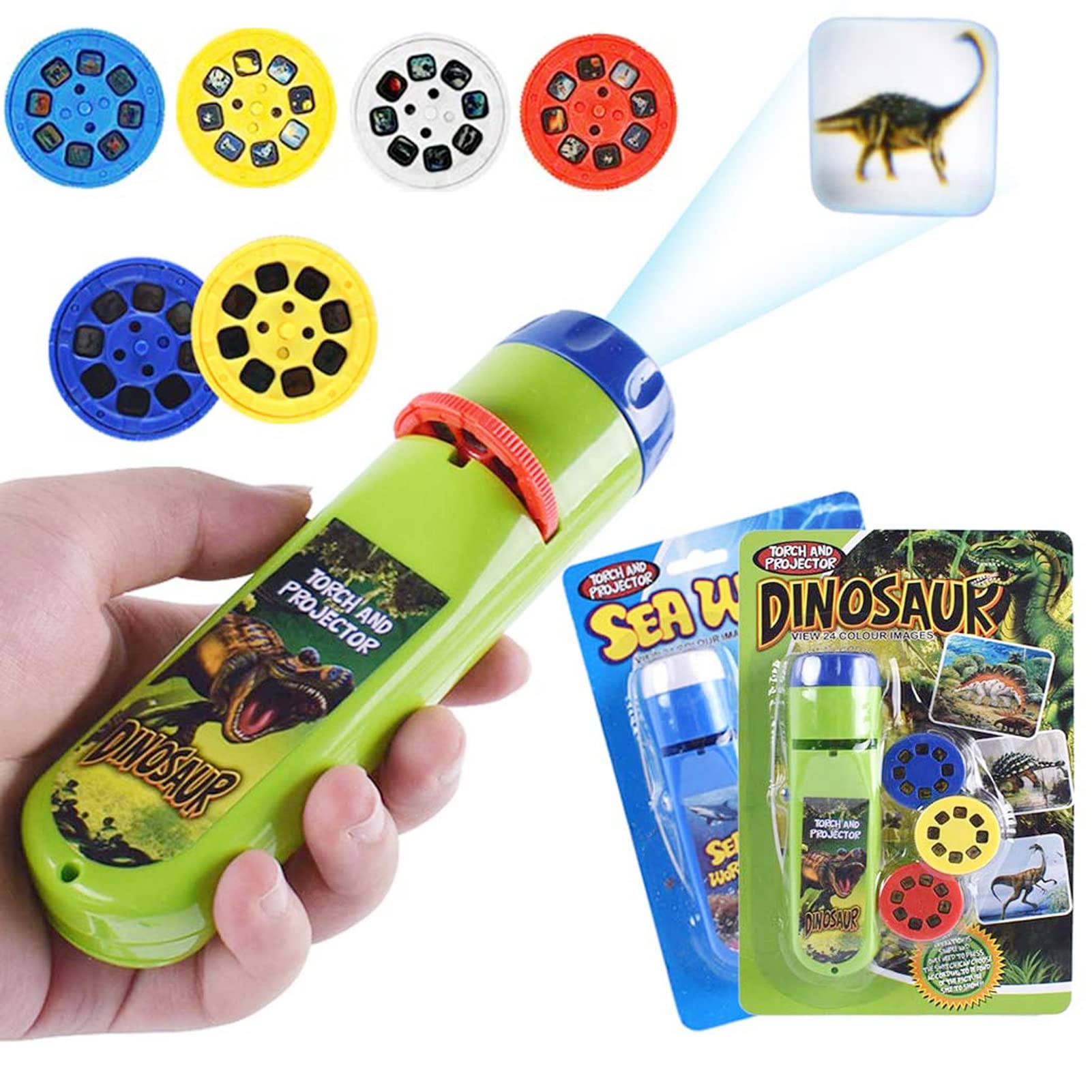 Yeelan 2PCS Dinosaur Projector Night Light for Kids - 48 Image Projections, 2 Themes (Dinosaur + Sea World) - Educational Bedtime Flashlight Toy for Children's Room, Nursery, and Storytime