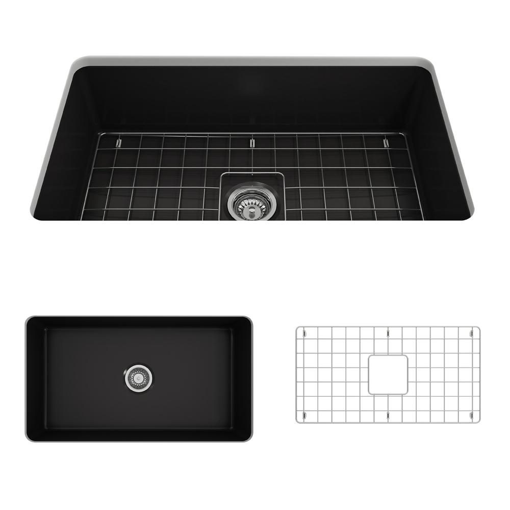 BOCCHI SOTTO 32 Inch Fireclay Modern Undermount Single Bowl Kitchen Sink with Protective Bottom Grid & Strainer - Perfect for Contemporary Kitchens, Dishwashing & Food Prep
