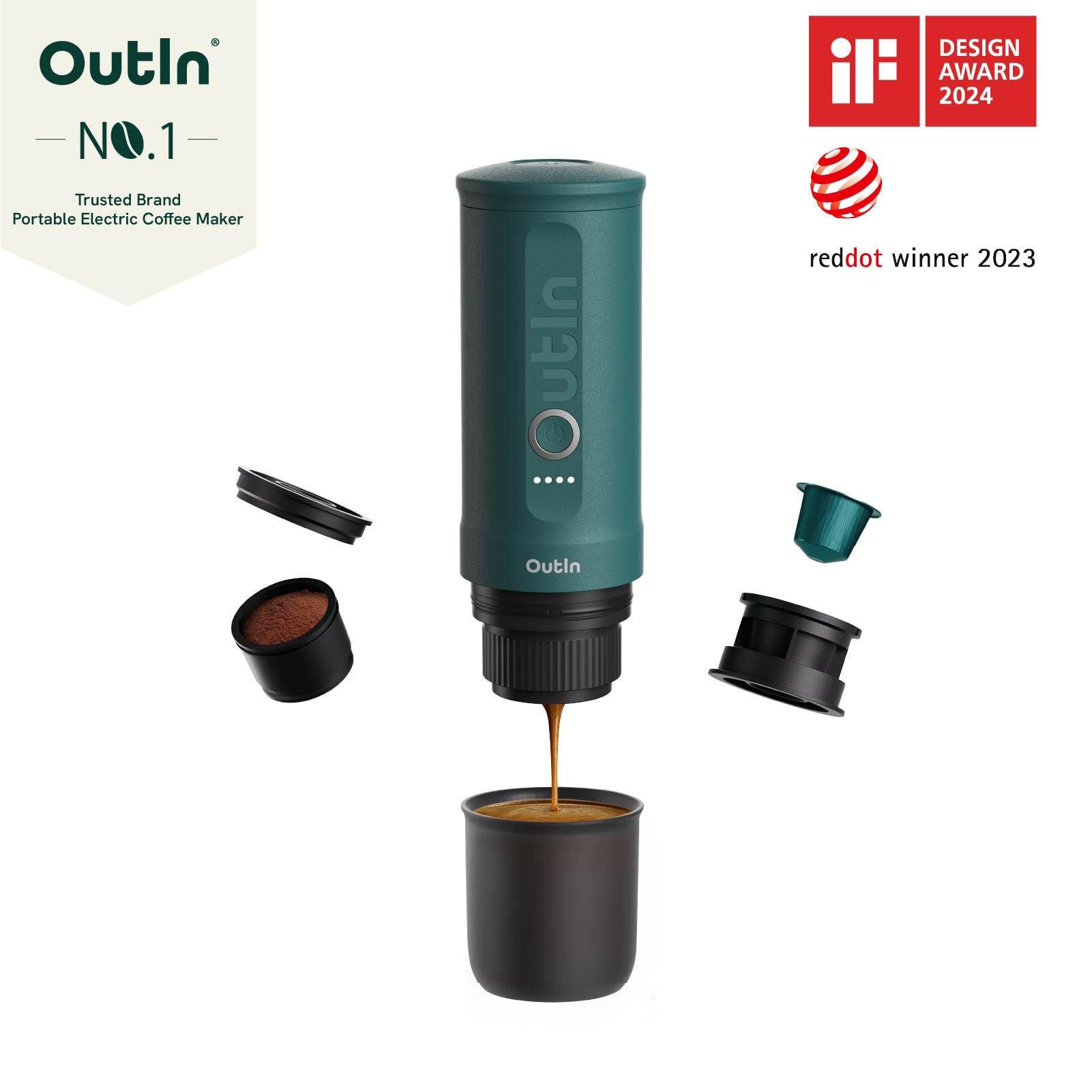 OutIn Nano Portable Electric Espresso Machine - USB-C Travel Coffee Maker for Camping, Car, RV, Hiking & Office - Self-Heating with Ground Coffee & NS Capsule Compatibility | Perfect for Outdoor Adventures, Road Trips & Workspaces