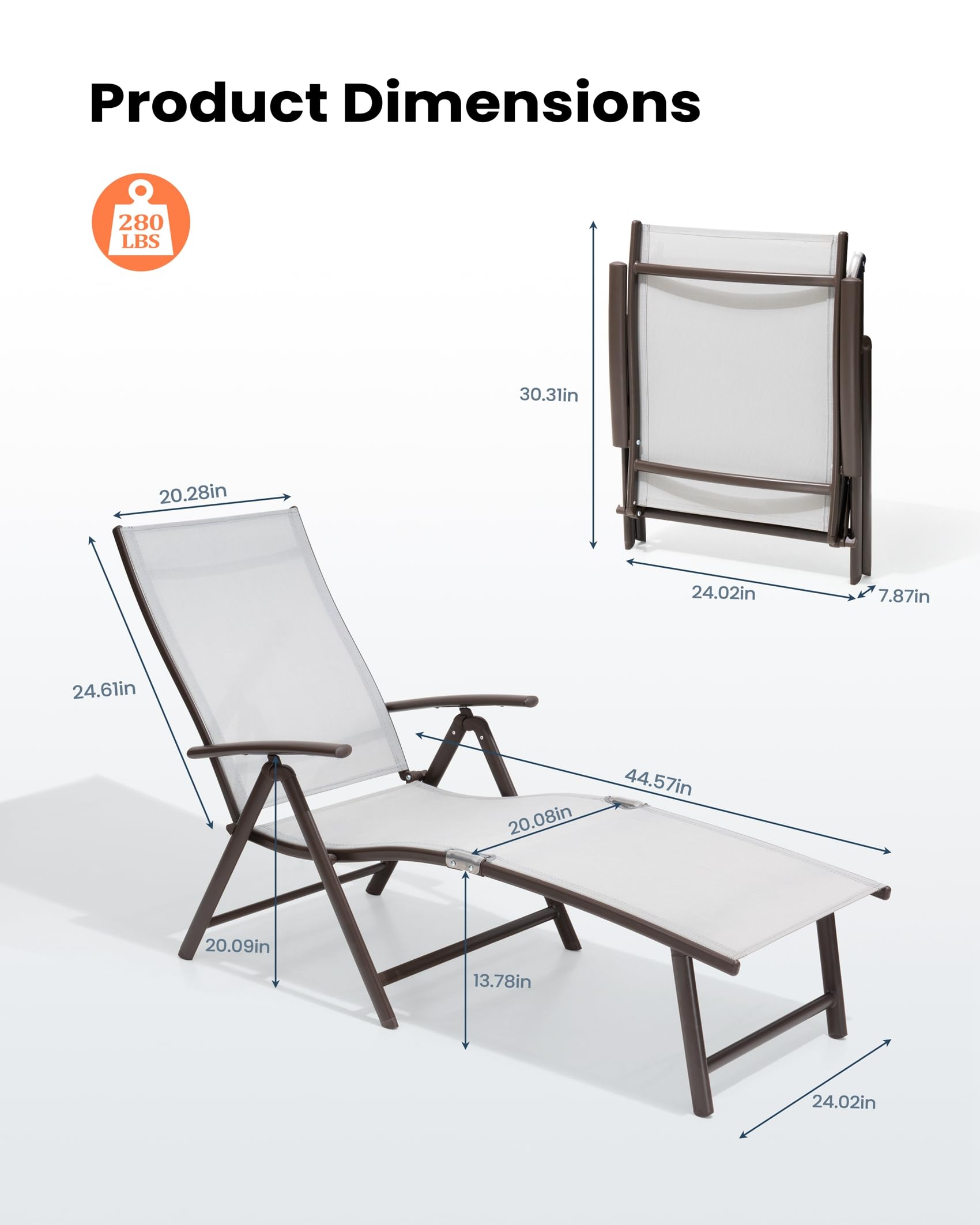 Pellebant Aluminum Patio Chaise Lounge Chair - Adjustable Outdoor Recliner with 8 Backrest Positions, Brown Frame & Light Grey Cushion - Folding All-Weather Pool, Beach & Yard Lounge Chair for Sunbathing, Relaxing by the Poolside or Backyard Lounging