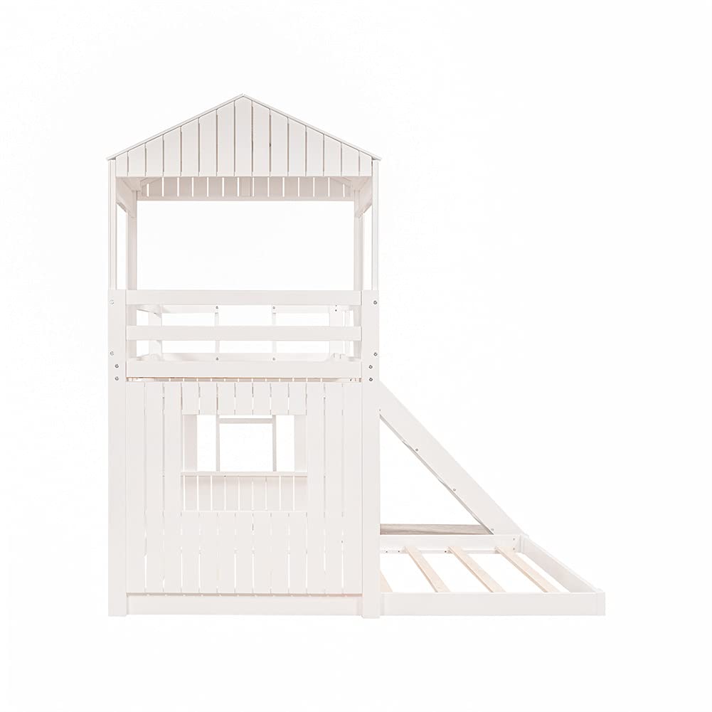 Wooden Twin Over Full Bunk Bed with Playhouse, Ladder & Slide - Farmhouse Style Kids Loft Bed with Safety Guardrails - No Box Spring Needed (White) - Perfect for Small Bedrooms, Playrooms & Sleepovers