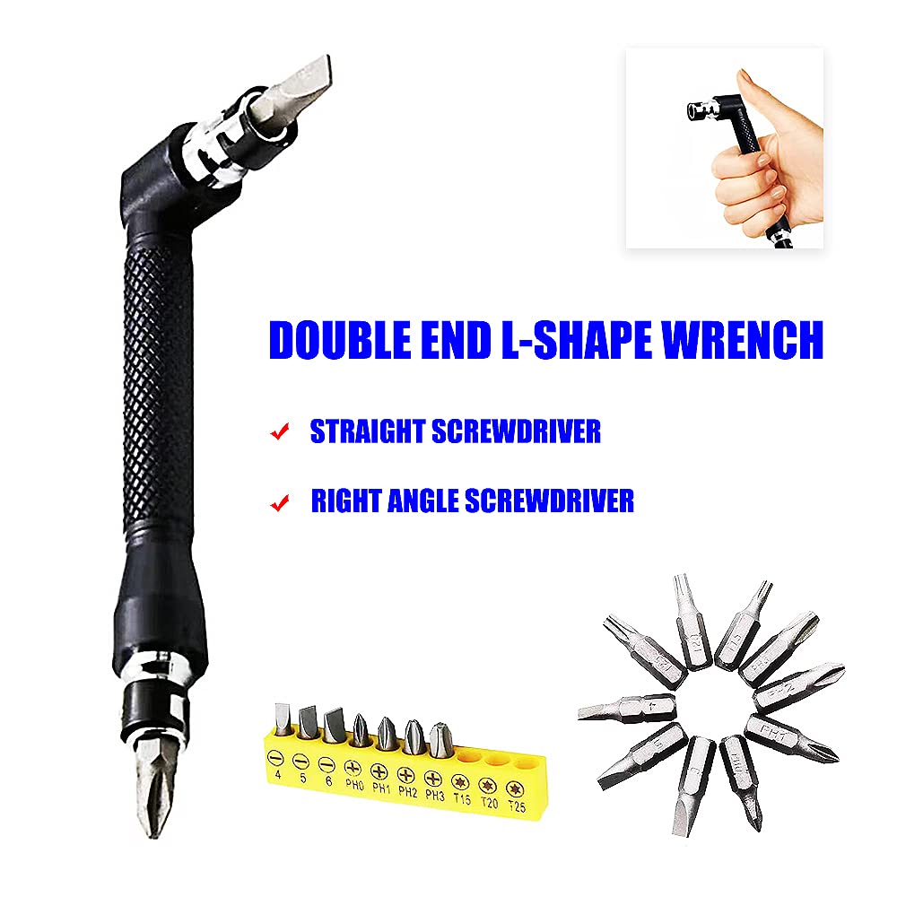 Flexible Drill Bit Extension Holder + Impact Right Angle Cordless Drill Adapter + 10-Piece Mini Screwdriver Bit Set with Dual Head Wrench | 1/4-Inch Drive High Torque Offset Screwdriver for Tight Spaces & DIY Projects | Perfect for Home Repairs, Furniture Assembly & Automotive Work