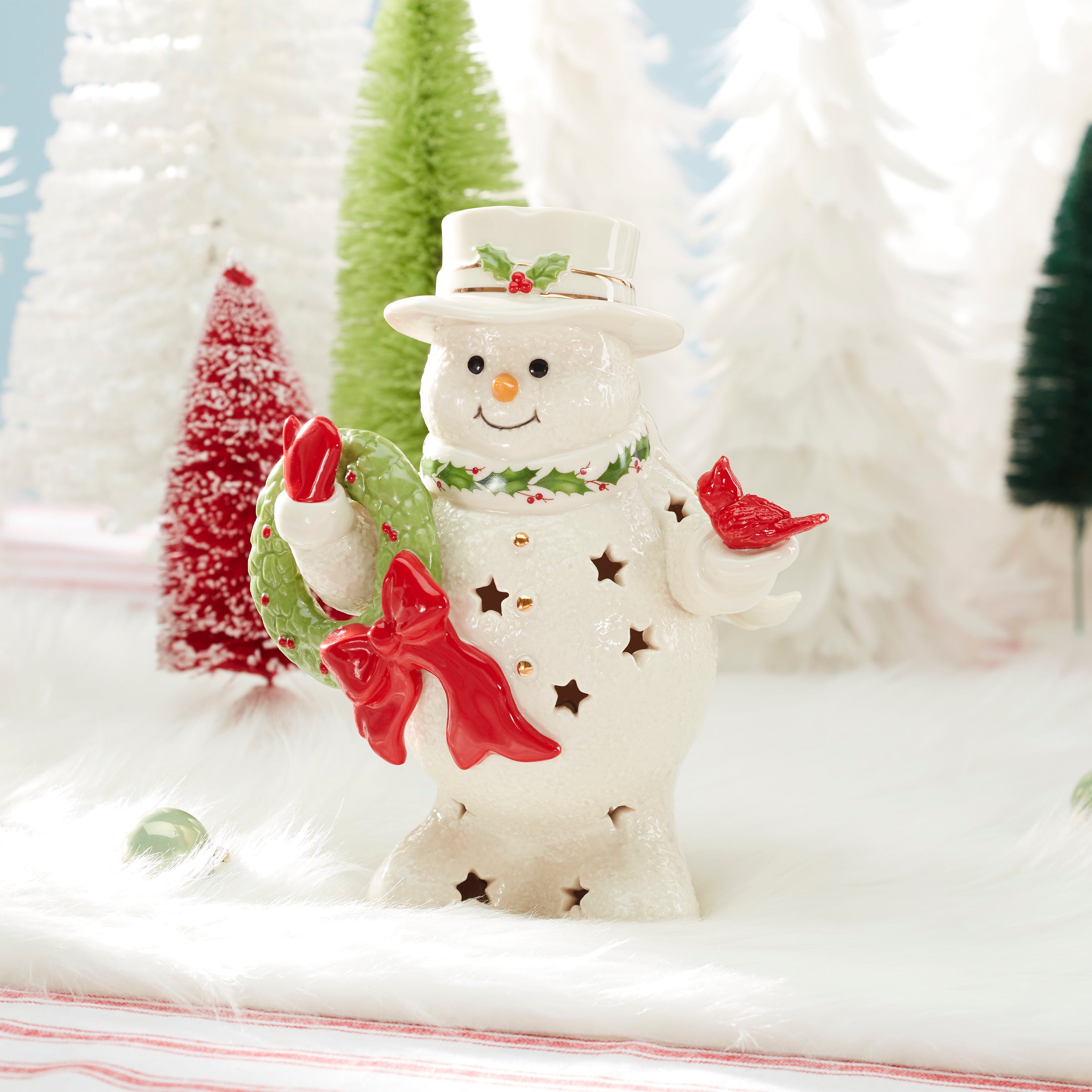 Happy Holly Days Snowman Holding Wreath Figurine - Christmas Decoration for Home, Office & Holiday Party Decor