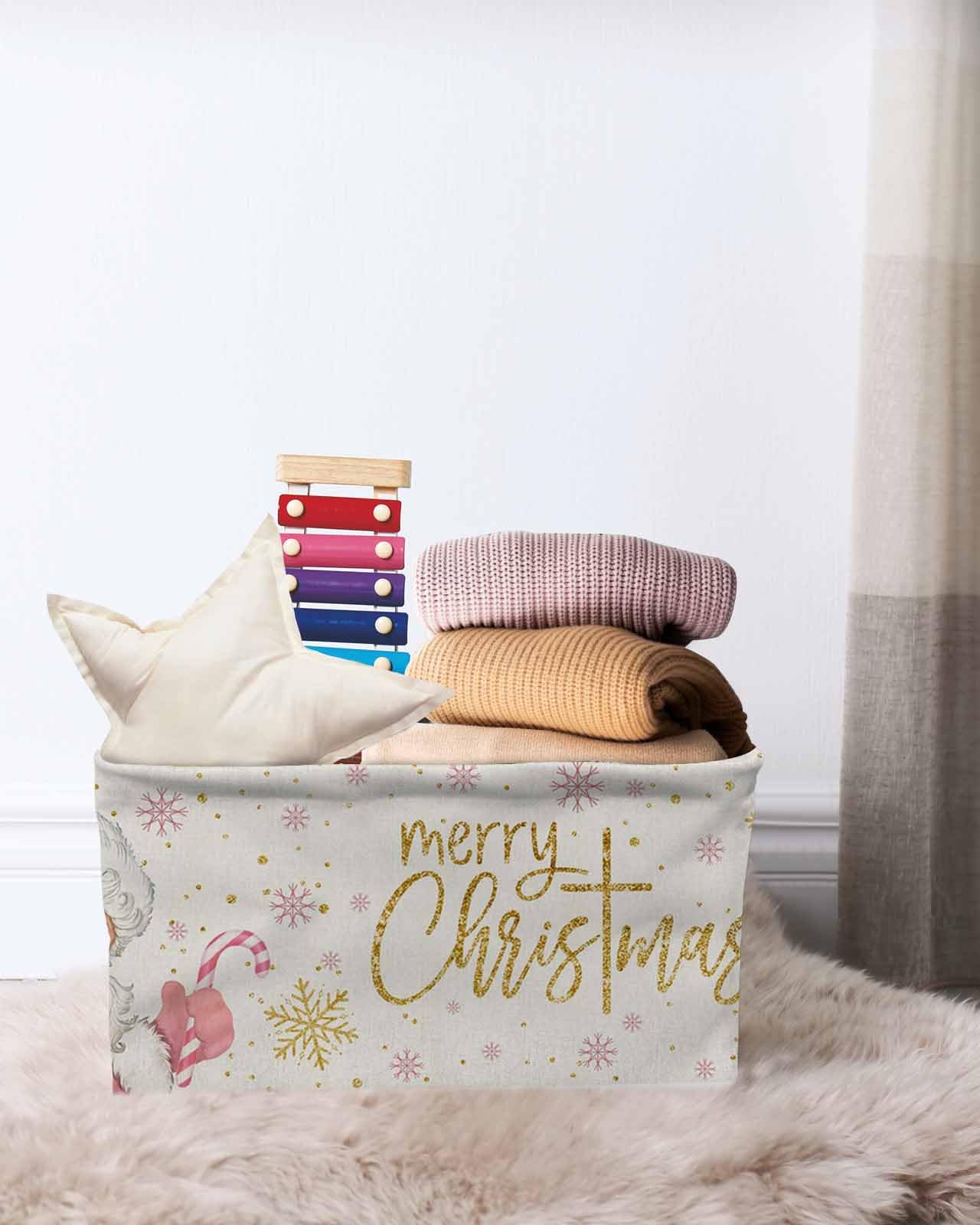 Large Pink Santa Claus Christmas Snowflakes Collapsible Storage Bins with Handles - Winter Snow Seamless Storage Baskets Cube Organizer for Shelves, Closet, Nursery | Perfect for Holiday Decor Storage, Kids' Toy Organization & Seasonal Home Organization