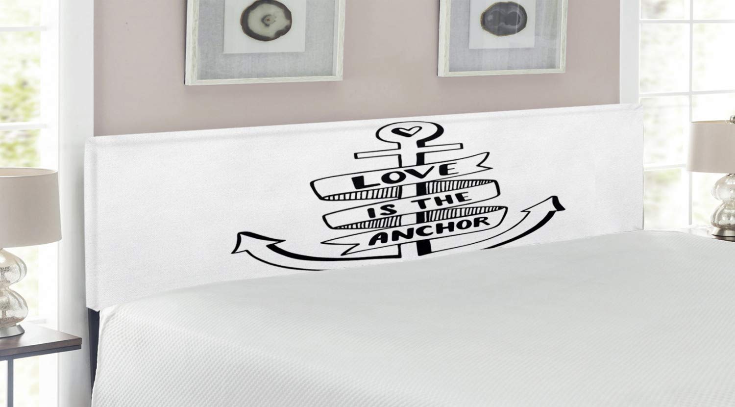 Ambesonne Anchor Headboard - Hand Drawn Monochrome Nautical Design with Love Words & Heart, Upholstered Metal Bed Frame with Memory Foam, King Size Black & White - Perfect for Coastal Themed Bedrooms & Nautical Decor