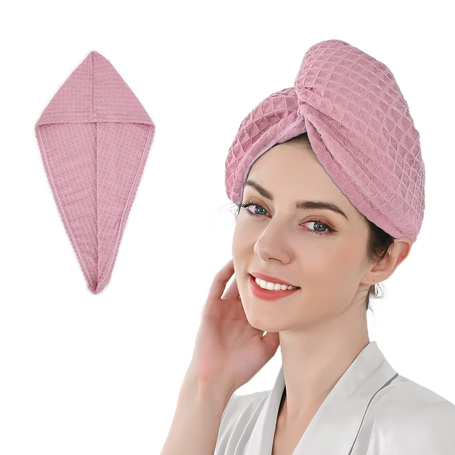Loyala Waffle Hair Towel Wrap for Women - Quick Drying Shower Hair Towel with Buttons, Pink, 25.6 x 10 Inches - Perfect for Post-Shower, Salon, Spa, and Travel Use