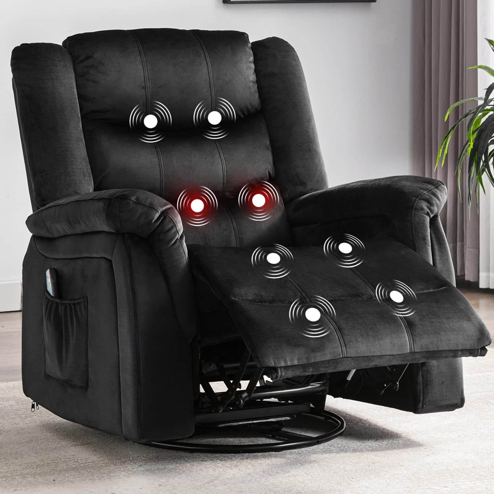 Comhoma 360-Degree Swivel Recliner Chair with Heating & Massage - Overstuffed Rocking Recliner for Living Room, Home Theater - 3 Side Pockets, Black - Perfect for Relaxation, Movie Nights & Small Spaces