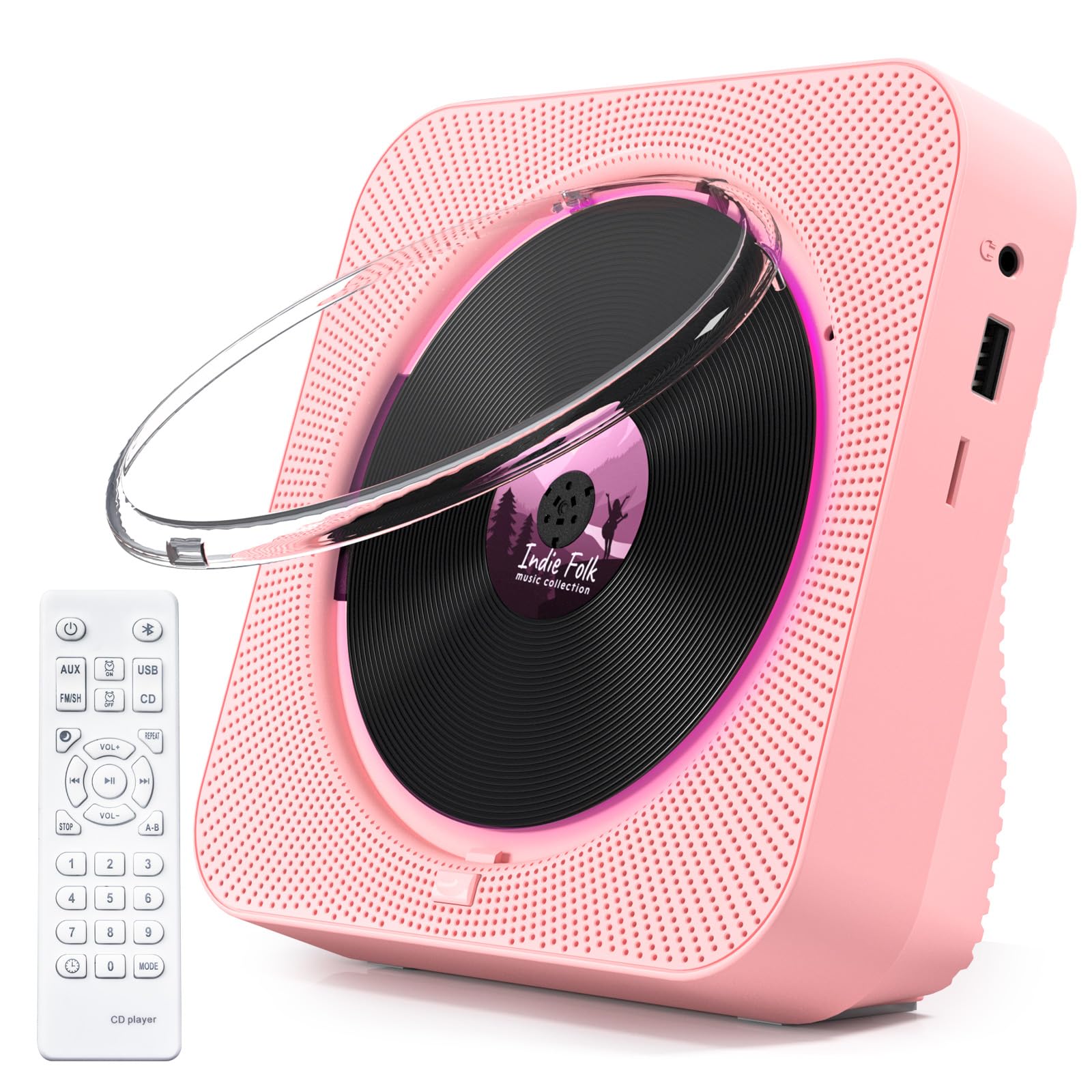 KOVCDVI Bluetooth 5.1 Desktop CD Player with 5W Dual Built-in Speakers, Remote Control, FM Radio, USB/SD/AUX Play - Pink | Perfect for Home Office, Bedroom & Living Room Entertainment