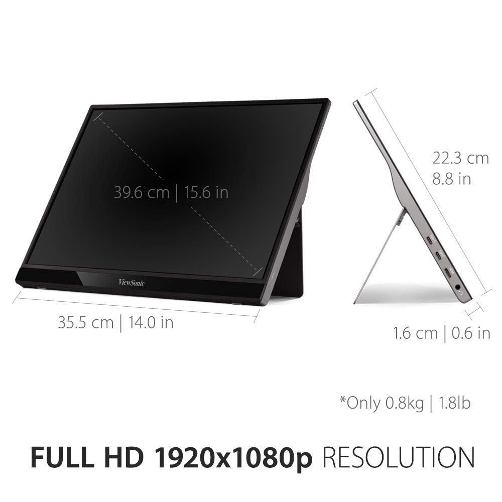ViewSonic VG1655 15.6 Inch Full HD 1080p Portable Monitor - USB-C Powered, IPS Display, Eye Care Technology, Dual Built-in Speakers, Adjustable Stand with Magnetic Cover - Perfect for Remote Work, Gaming & Travel