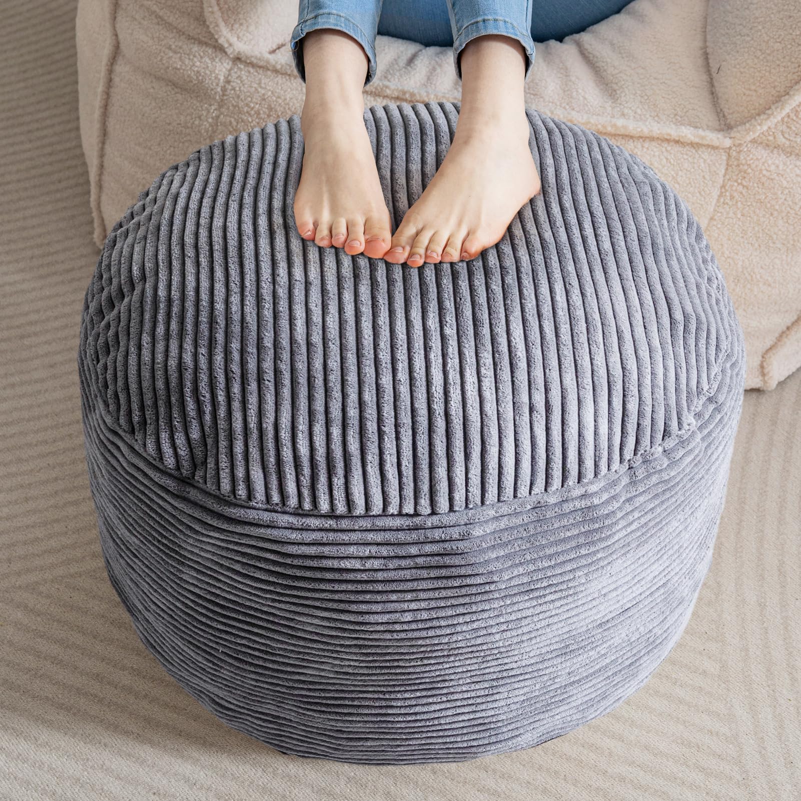 MAXYOYO Round Stuffed Pouf Ottoman - Corduroy Foam Filled Footrest, 20 x 15 Inch Dark Grey - Perfect for Living Room, Bedroom & Nursery Decor