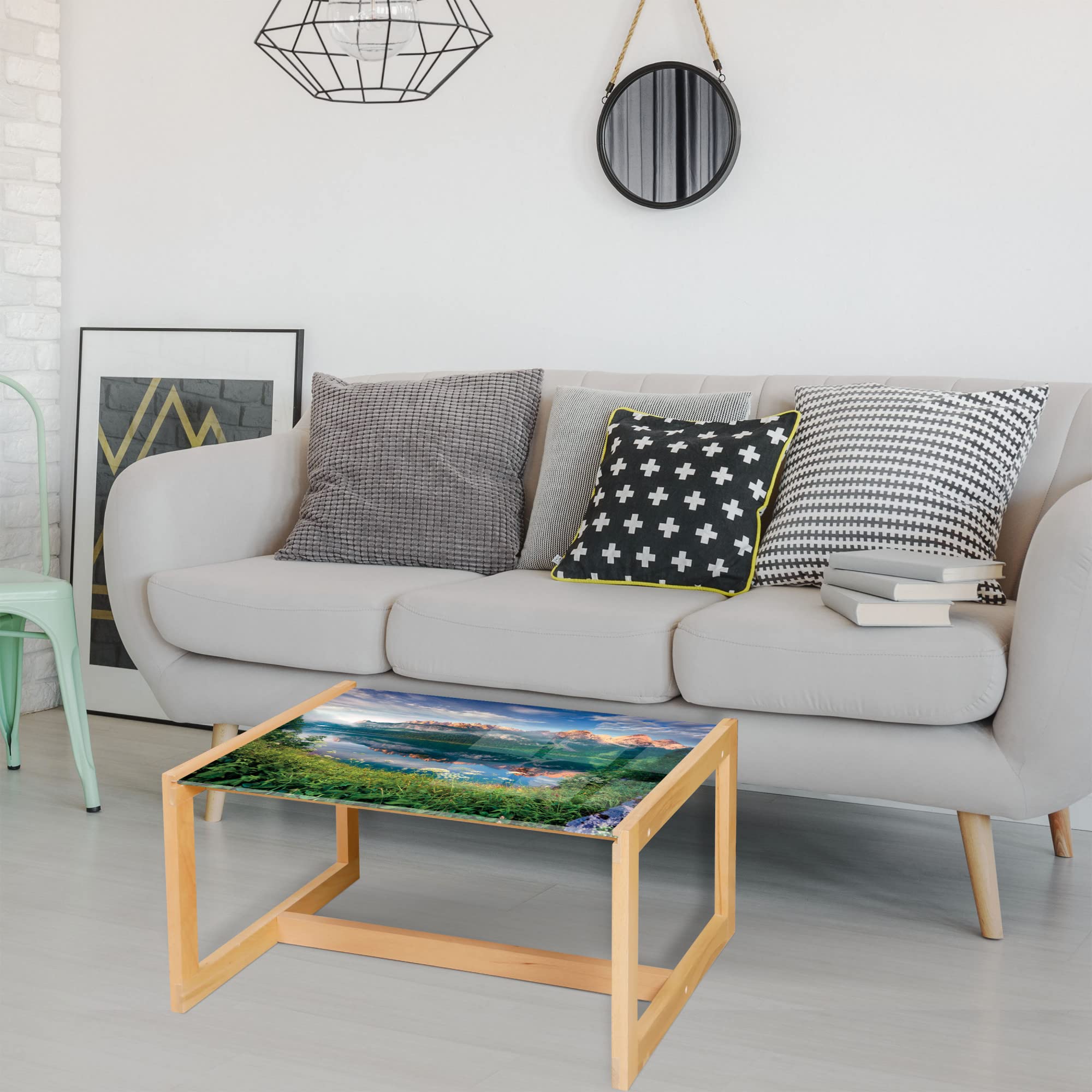 Ambesonne Mountain Coffee Table - Sunny Summer Morning on Lake Austrian Alps with Crystal Mirroring Water, Acrylic Glass Center Table with Wooden Frame for Living Room, Office, Dorm - Large Green Blue Peach Design - Perfect for Home Decor, Modern Spaces & Cozy Gatherings
