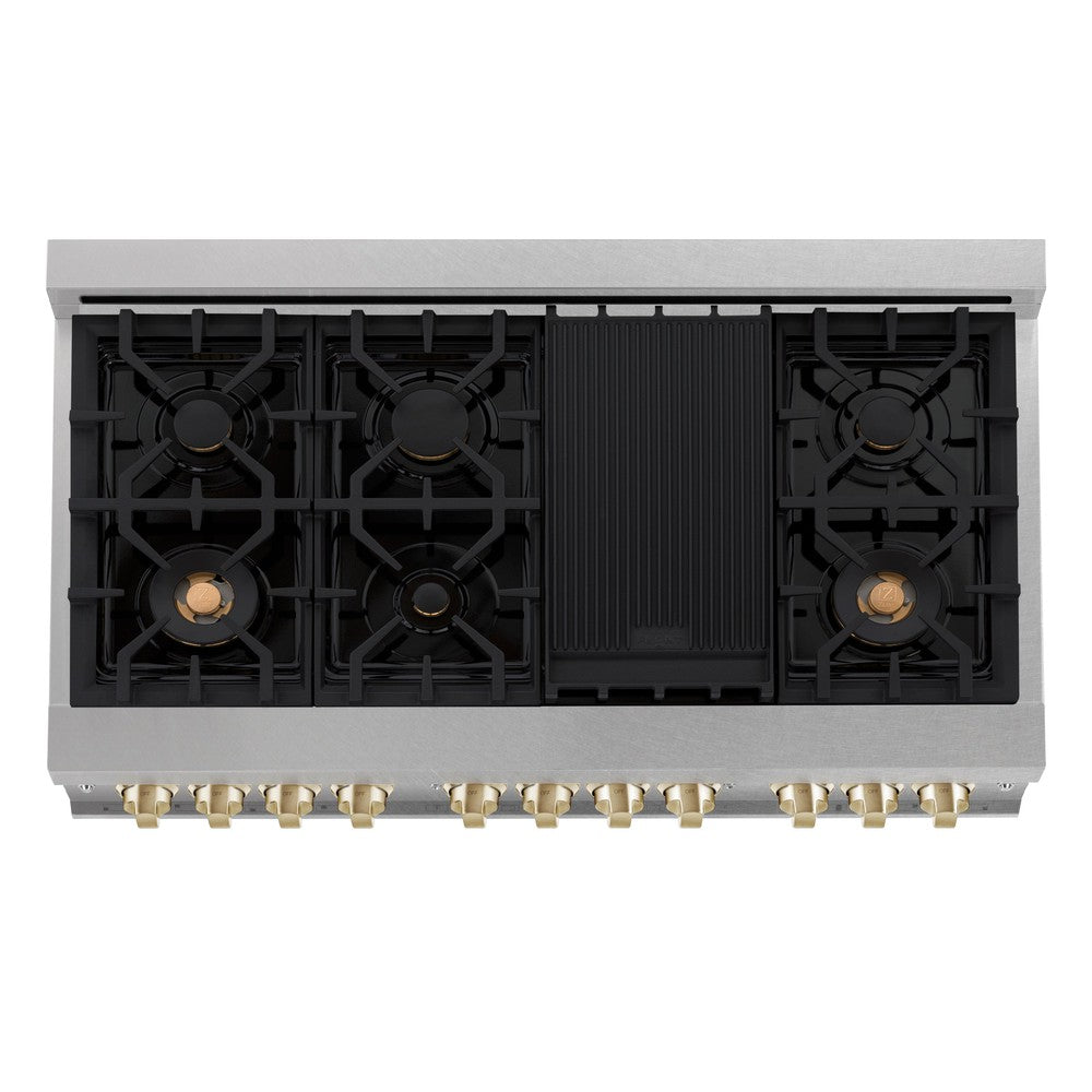ZLINE Autograph Edition 48-inch Dual Fuel Range - 6.0 cu.ft Capacity, 7-Burner Gas Cooktop & 2 Electric Ovens - Satin Stainless Steel with Polished Gold Accents (RASZ SN 48 G) - Perfect for Professional Home Chefs & Luxury Kitchens