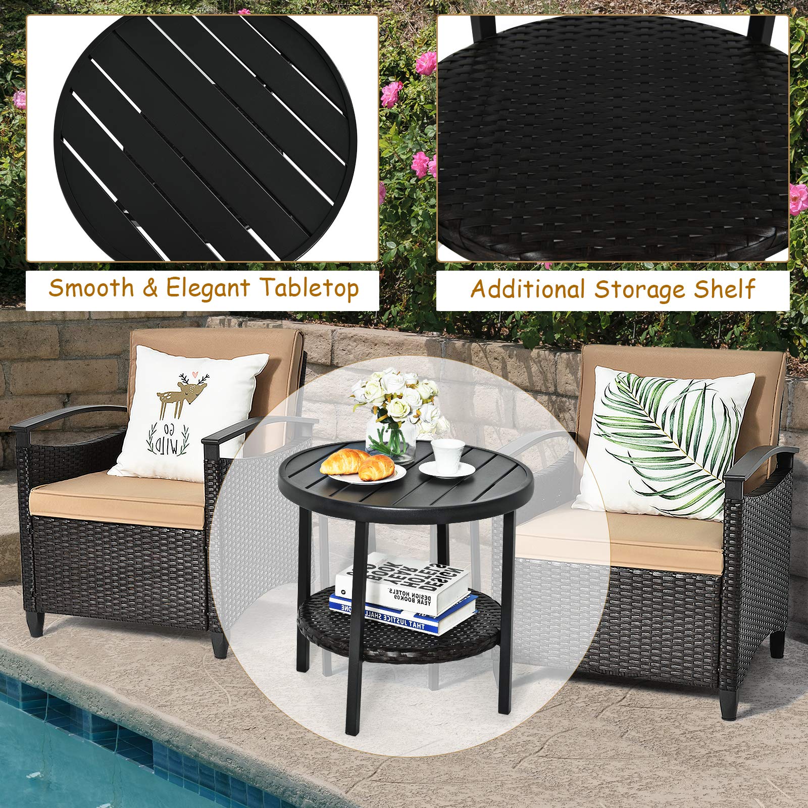 Tangkula 3-Piece Rattan Patio Furniture Set with Coffee Table - Outdoor Wicker Sofa Conversation Set with Cushions, Durable Steel Frame - Perfect for Garden, Backyard, Balcony, Poolside & Outdoor Entertaining