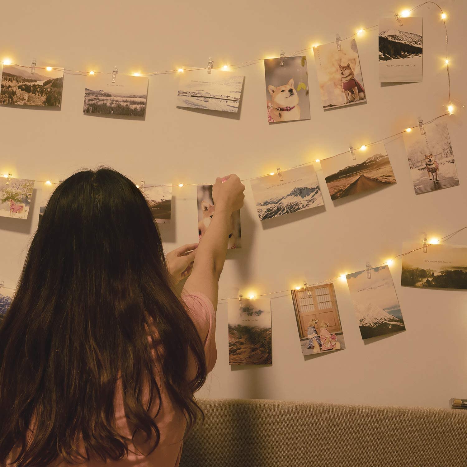 33FT USB LED Photo Clip String Lights - 100 Warm White Fairy Lights with 50 Clips for Wall Pictures | Indoor Bedroom Decor, Dorm Room, Wedding, Party & Christmas Decoration