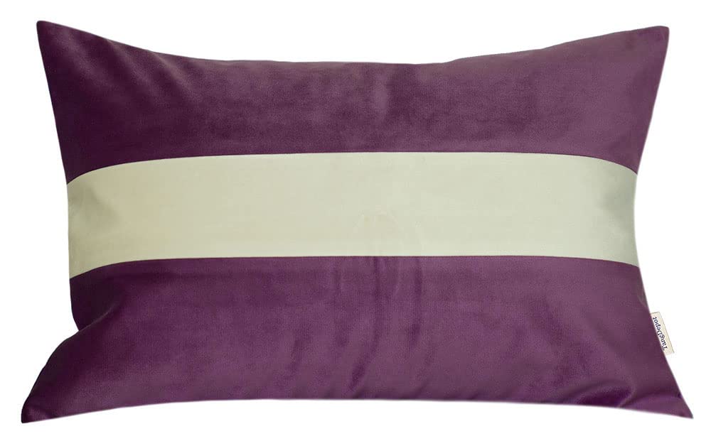 2 Pack Heavy Velvet Decorative Throw Pillow Covers - Super Soft Cream White Striped Lumbar Pillow Cases for Sofa, Bed, Couch (12x20 Inch, Dark Violet) - Indoor & Outdoor Use for Living Room, Patio, Dorm Decor