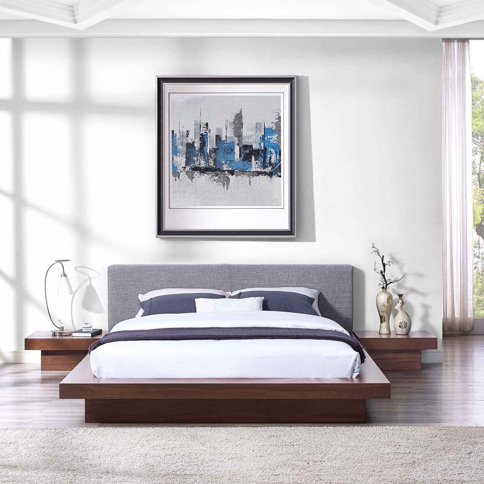 Freja 3-Piece Fabric Bedroom Set - Queen Size Bed Frame, Nightstand & Dresser - Modern Bedroom Furniture for Small Spaces & Apartments