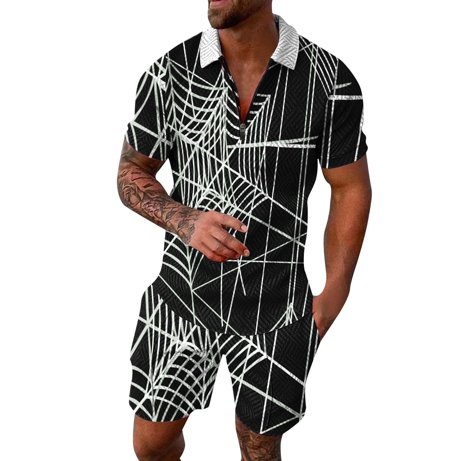 Men's 2-Piece Sweat Suit Set - Casual Vintage Printed Bowling Shirts & Pants, UPF 50+ UV Protection, Spring Workout Outfits for Gym, Running, Father's Day Gifts