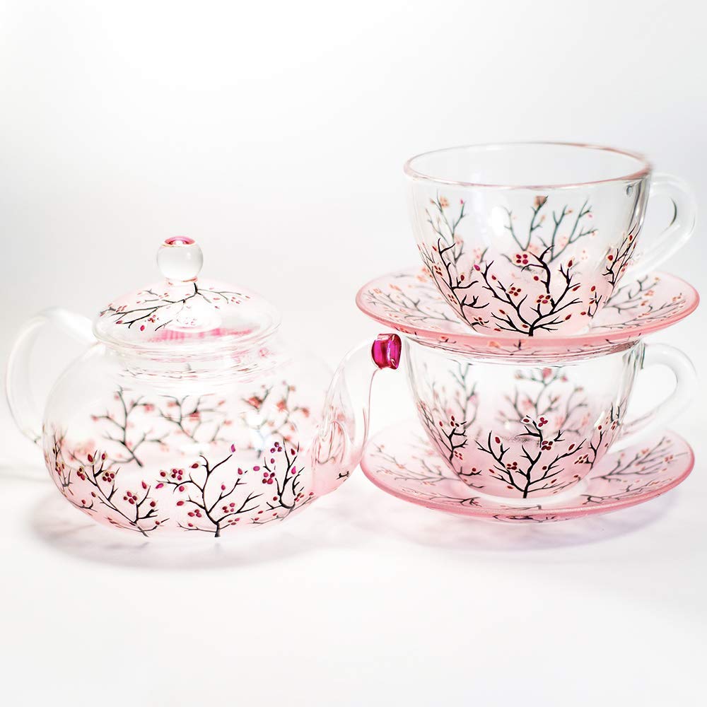 Elegant Hand-Painted Cherry Blossom Teapot Set with Cups & Saucers - Japanese Style Luxury Tea Accessories for Women, Mothers Day Gift, Tea Party & Home Decor