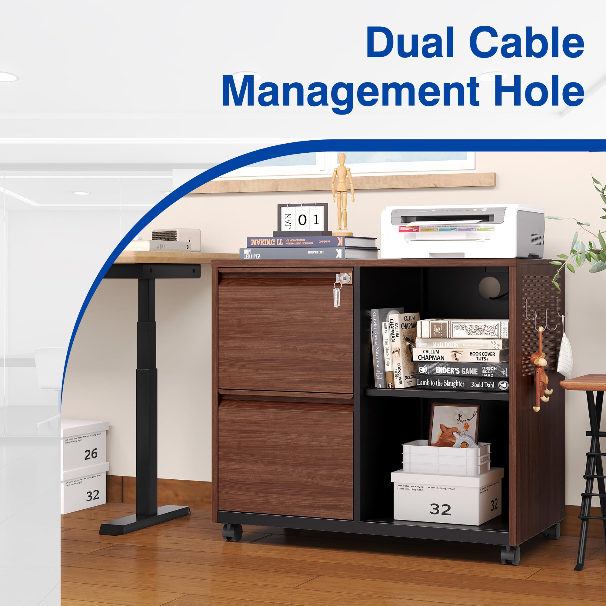 Mobile File Cabinet with Charging Station & Lock - Lateral Office Cabinet with Open Storage Shelves & Printer Stand - Left Drawer Brown - Perfect for Home Office Organization & Workspace Storage Solutions
