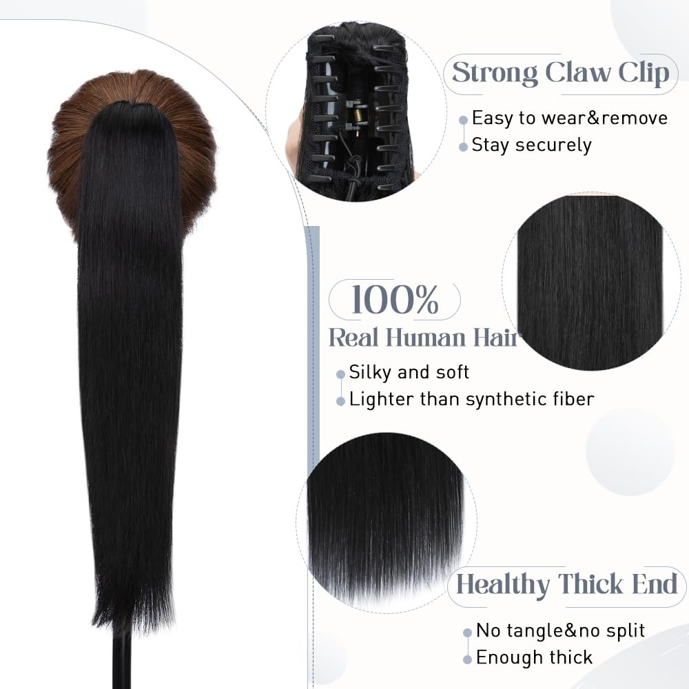 Rich Choices Jet Black 22 Inch 120g One Piece Claw Clip Human Hair Ponytail Extension - Real Hair Balayage Straight Ponytail for Women - Perfect for Parties, Weddings & Everyday Styling