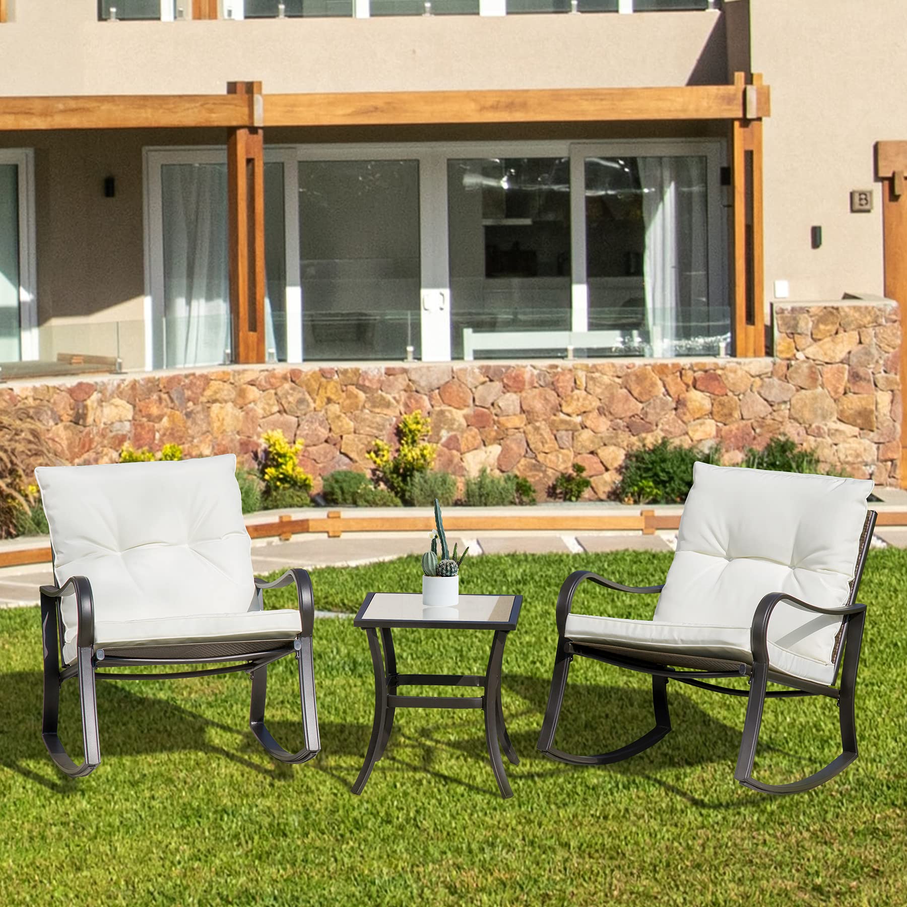 Domi Outdoor Living 3-Piece Rocking Bistro Set - Black Steel Wicker Rocking Chairs with Cushions & White Glass Top Coffee Table for Patio, Garden, or Porch Relaxation