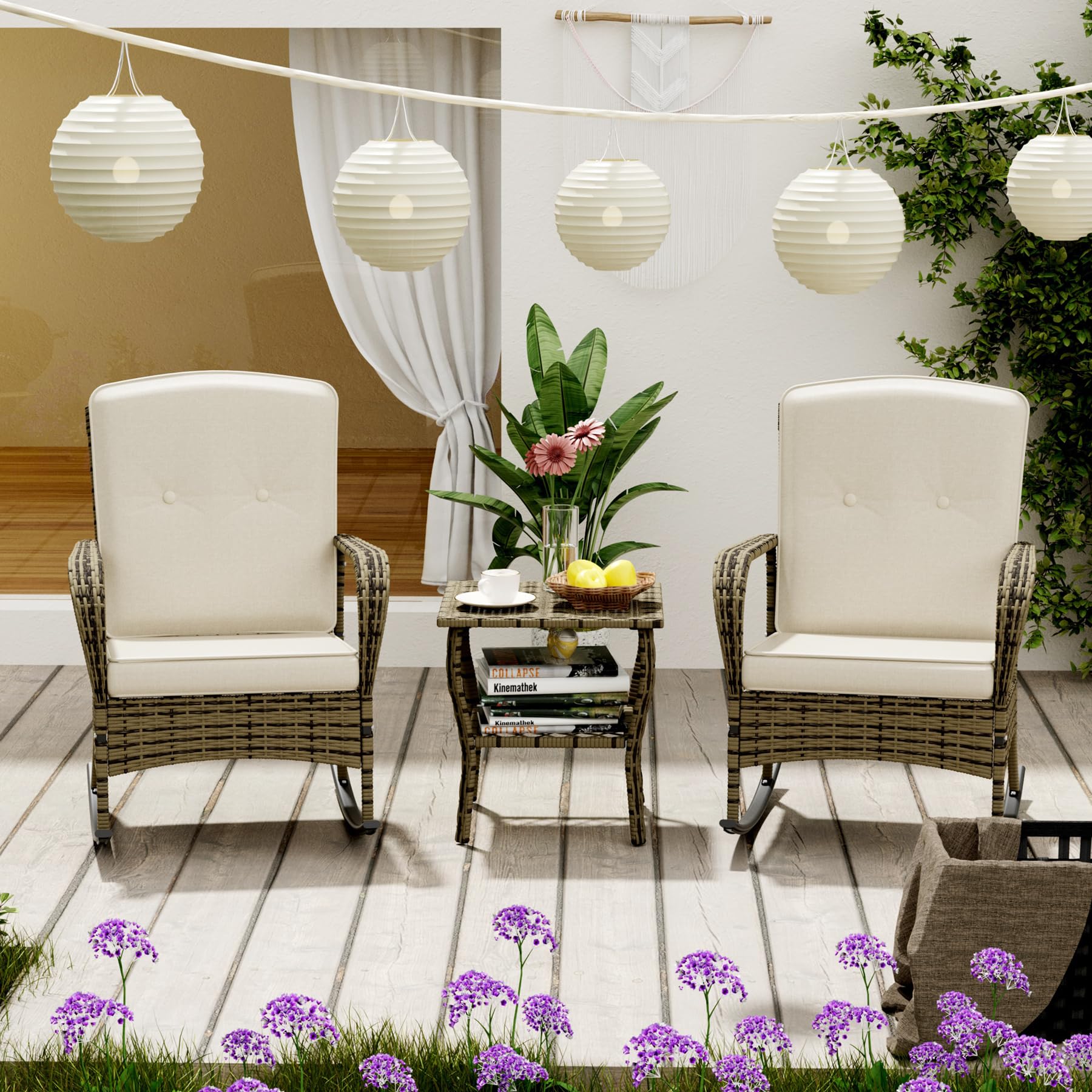 3-Piece Patio Conversation Set with Outdoor Rocking Chair & Wicker Bistro Table - Beige Porch Furniture for Deck, Garden, Poolside Relaxation | Perfect for Backyard Lounging, Outdoor Entertaining & Sunset Chats