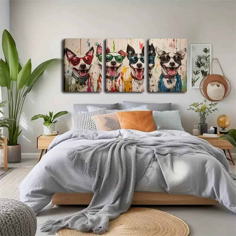 3-Piece Four Dogs Wearing Glasses Wall Art Set - 40x60cm Framed Canvas Prints | High Quality Australian Made | Ready to Hang | Perfect for Living Room, Bedroom & Office Decor