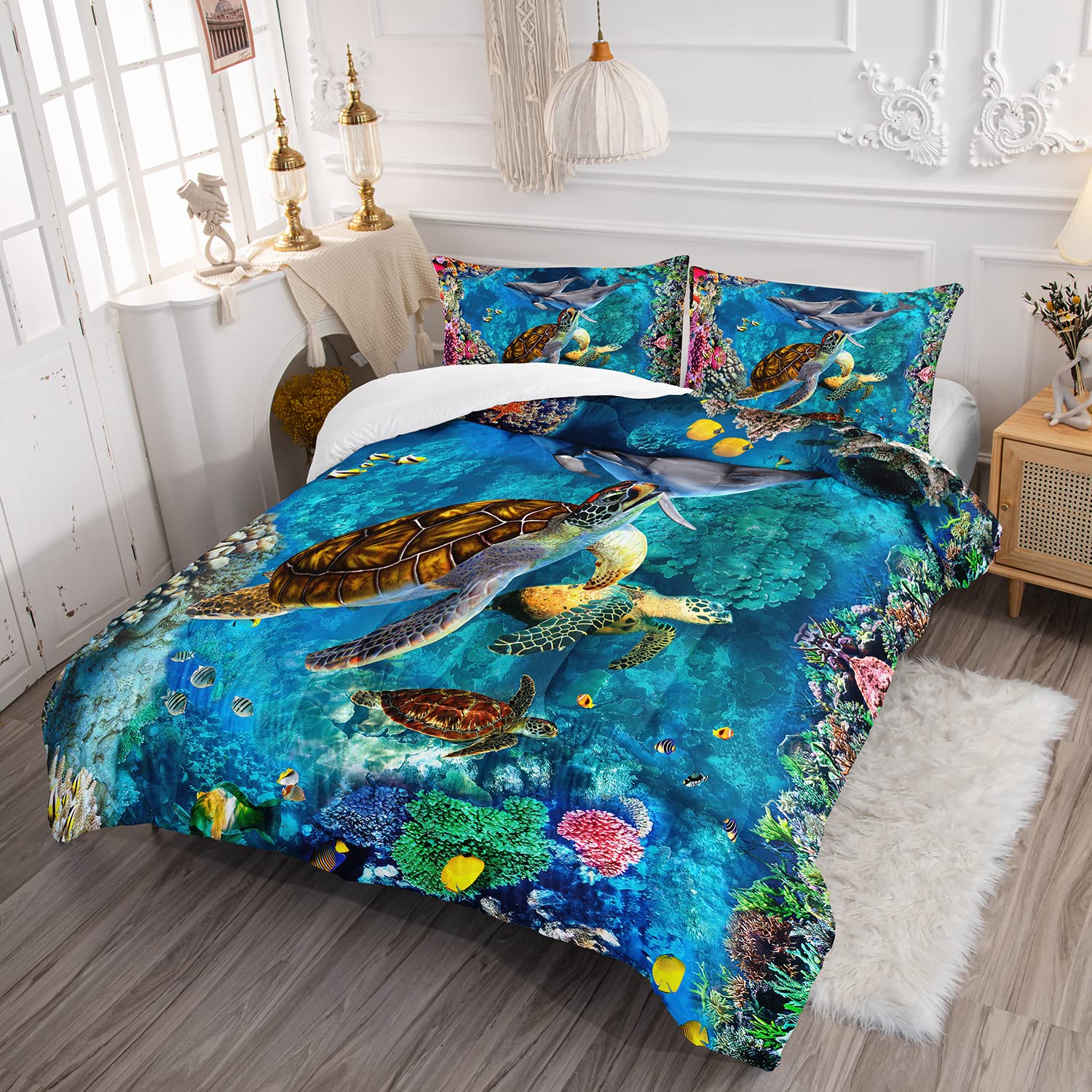 CVHOUSE Sea Turtle Comforter Set - Ocean Themed Queen Size Bedding for Kids & Teens | Soft Duvet Cover & Quilt Set with Turtle Design | Perfect for Beach Themed Bedrooms & Coastal Decor