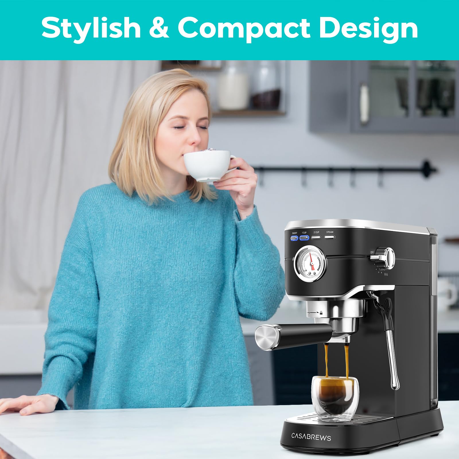 CASABREWS CM5418 20 Bar Espresso Machine with Milk Frother - Stainless Steel Home Coffee Maker for Cappuccino & Latte, Compact Design with Removable Water Tank (Black) | Perfect for Small Kitchens & Office Use