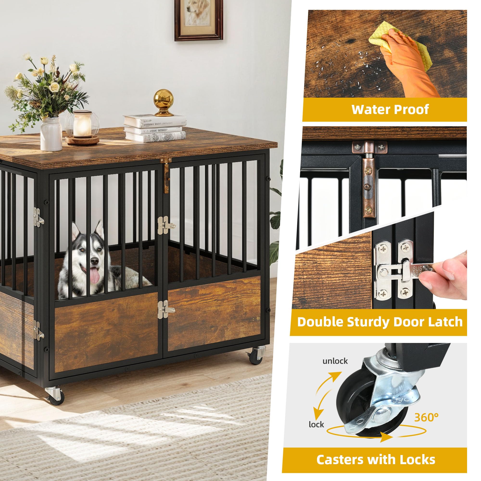 DWVO 38 Inch Rustic Brown Farmhouse Dog Crate Furniture with Wheels - Chew-Resistant Wooden Kennel End Table with Double Doors for Indoor Use | Perfect for Living Room, Bedroom & Home Decor