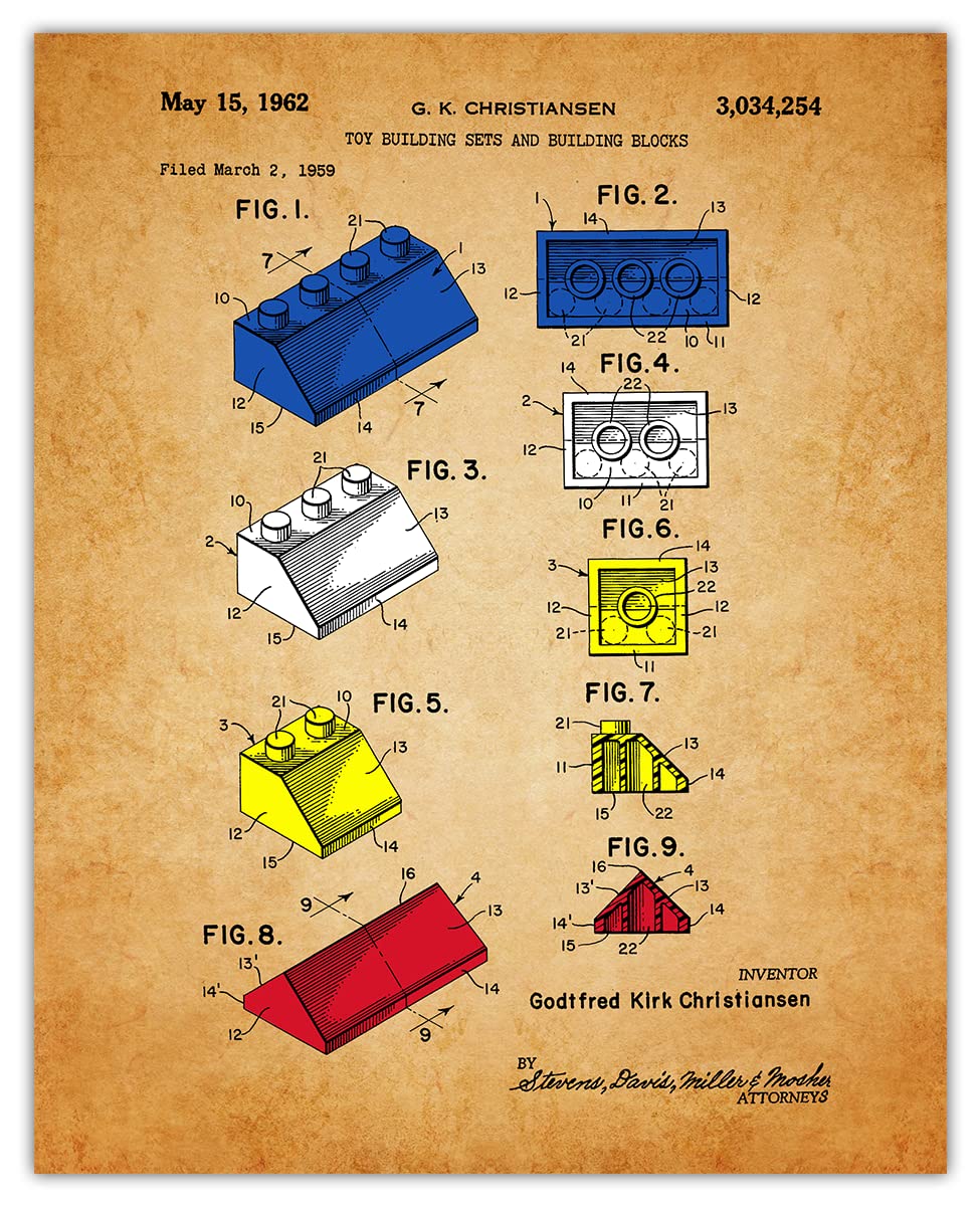 Vintage Lego Blocks Patent Print - 8x10 Aesthetic Wall Art Poster for Home Decor, Office, Man Cave, Dorm & Bar | Unique Gift Idea for Lego Lovers & Retro Enthusiasts | Perfect for Living Room, Bedroom & Bathroom Wall Decoration