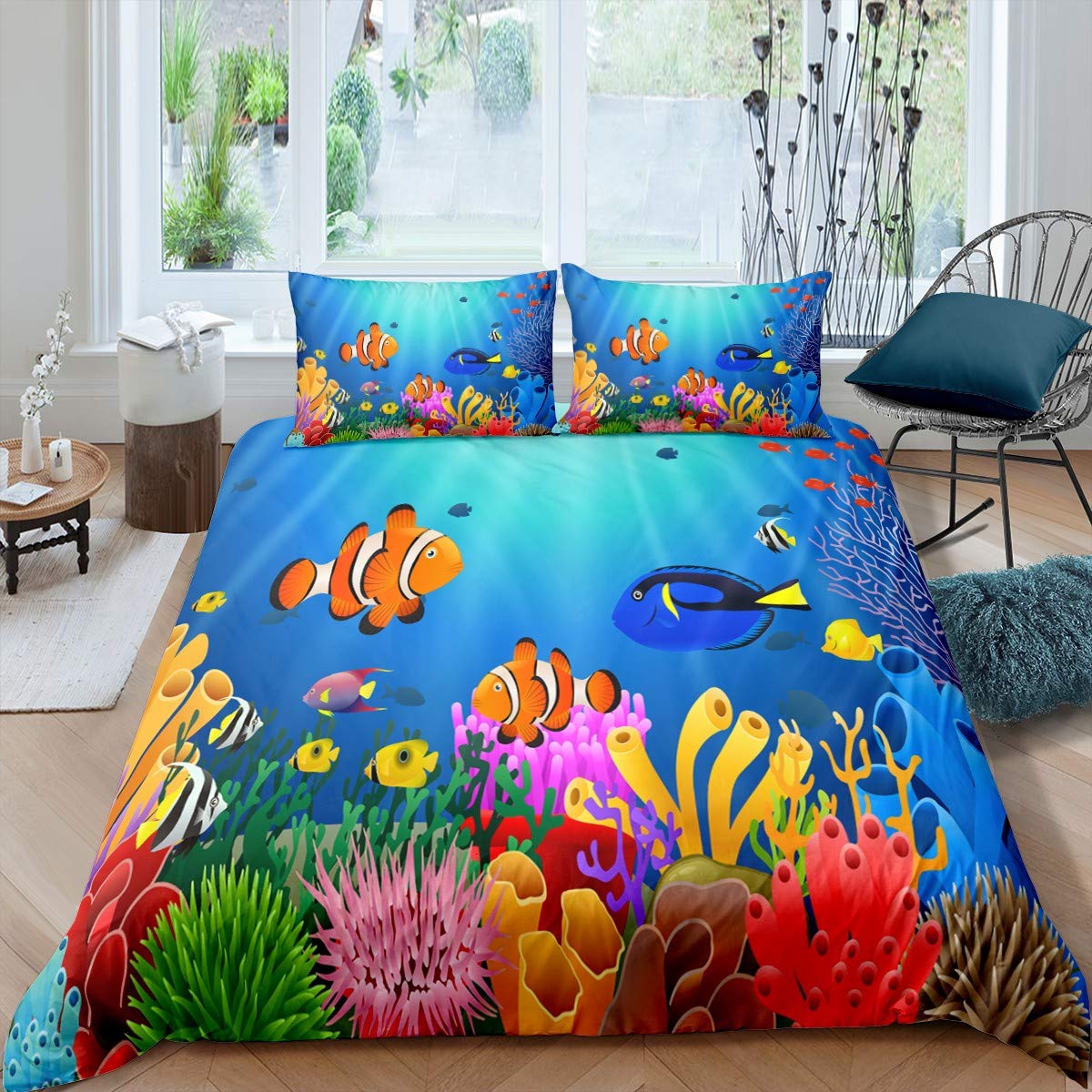 Underwater World Duvet Cover Set - Coral Reef Ocean Theme Kids Bedding for Boys & Girls, Teens Microfiber Comforter Cover Twin Size | Perfect for Beach Themed Bedrooms & Marine Life Decor