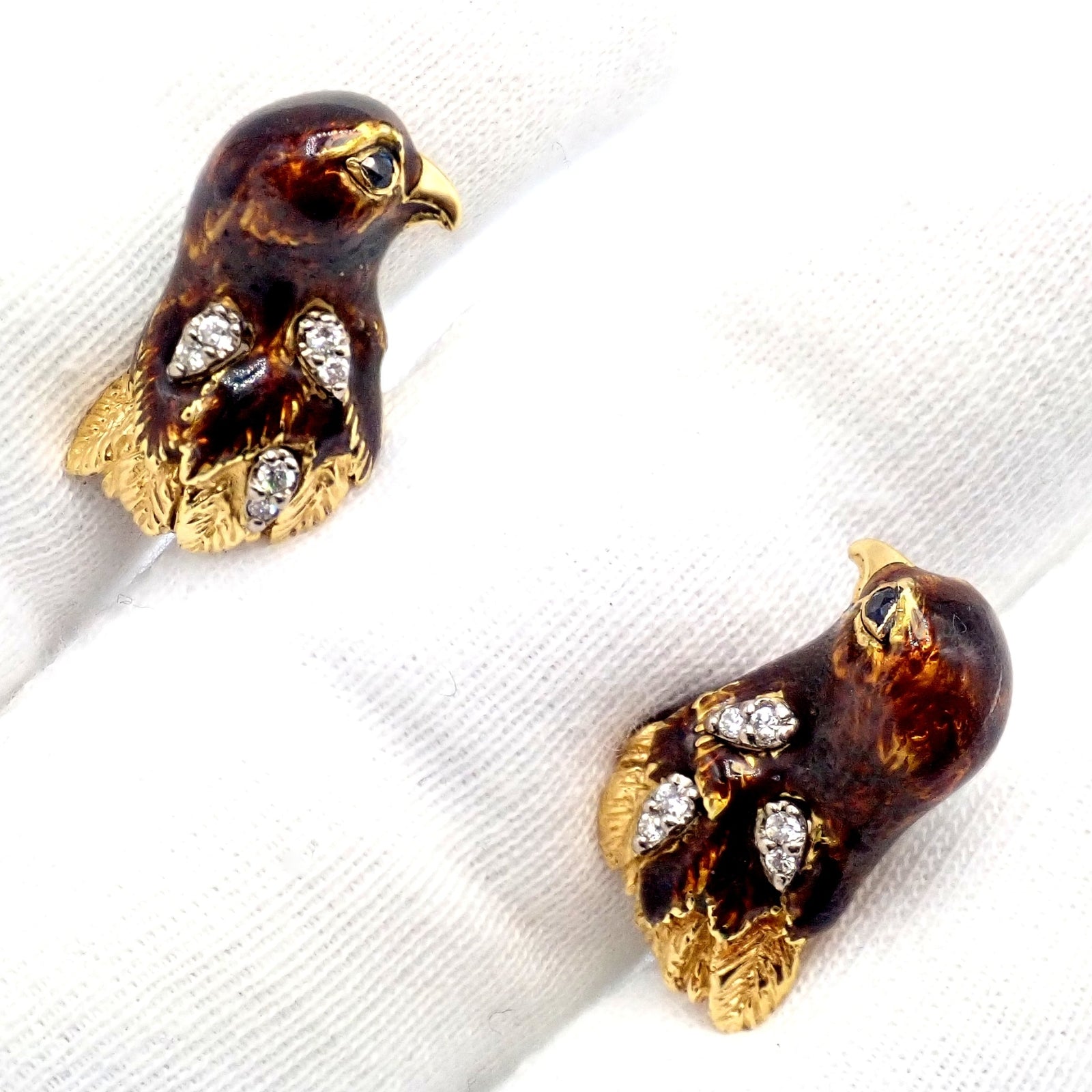 Vintage Tiffany & Co. 18k Yellow Gold Diamond Enamel Falcon Eagle Bird Cufflinks - Luxury Men's Jewelry Gift for Formal Events & Business Occasions