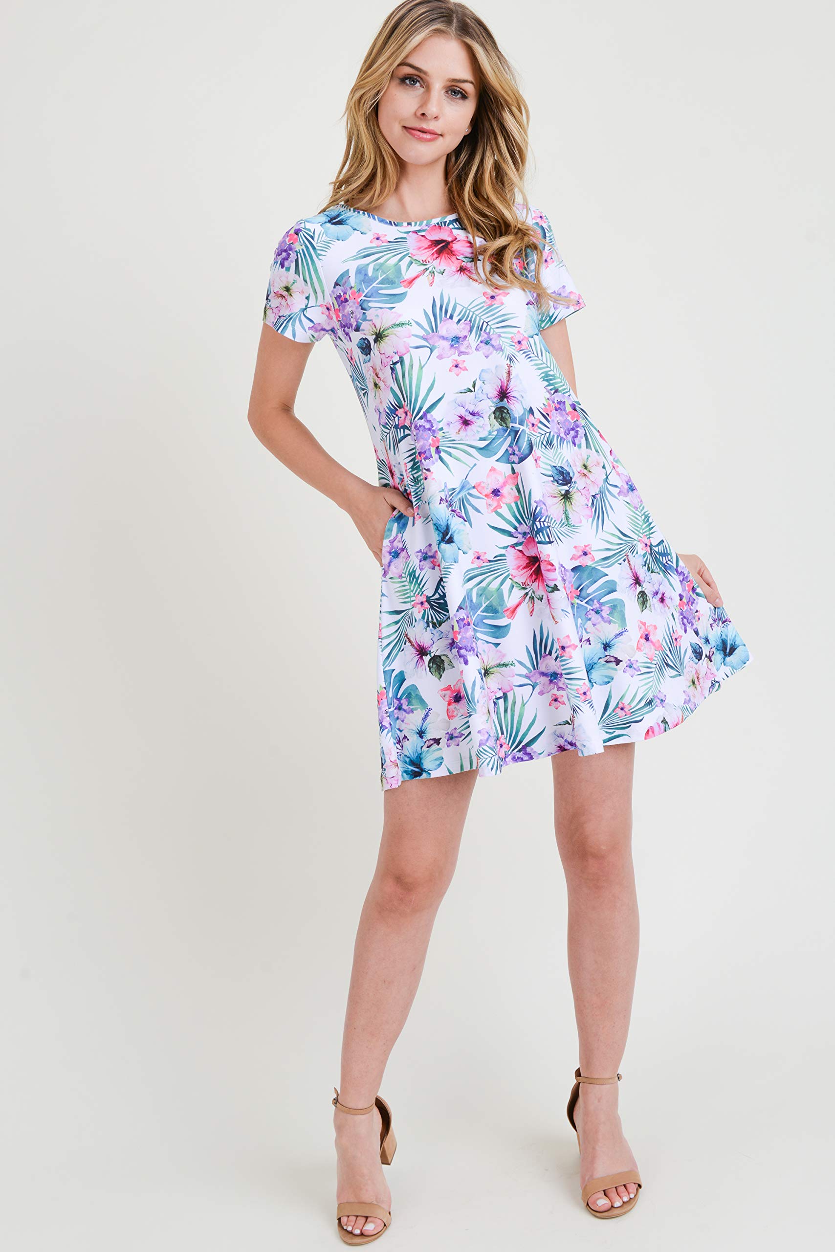 ICONOFLASH Women's Floral Print Casual Summer Dress with Pockets - Short Sleeve Comfortable A-Line Sundress for Beach, Vacation & Daily Wear